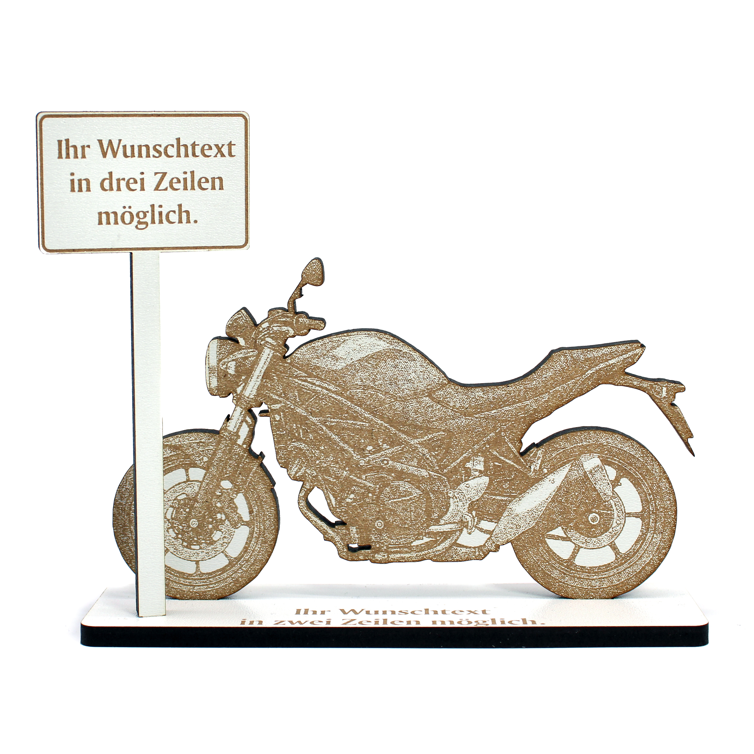 Geldgeschenk Aufsteller „Naked Bike“ – HDF Dekoaufsteller mit Streetfighter Motorrad & personalisierbarem Ortsschild – weiß mit brauner Gravur, 15×12 cm
