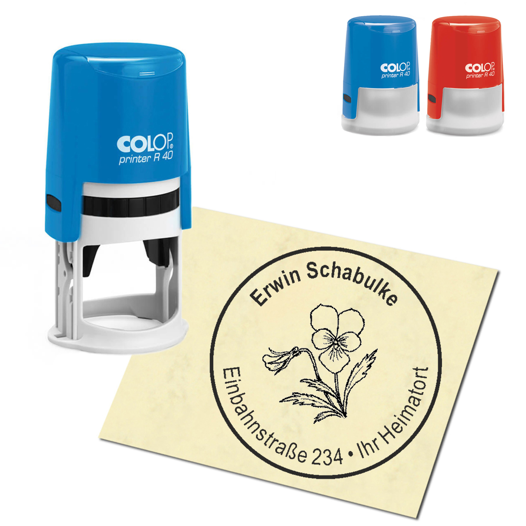 Stempel Adressstempel personalisiert - Wildes Stiefmütterchen - rund &empty; 40mm