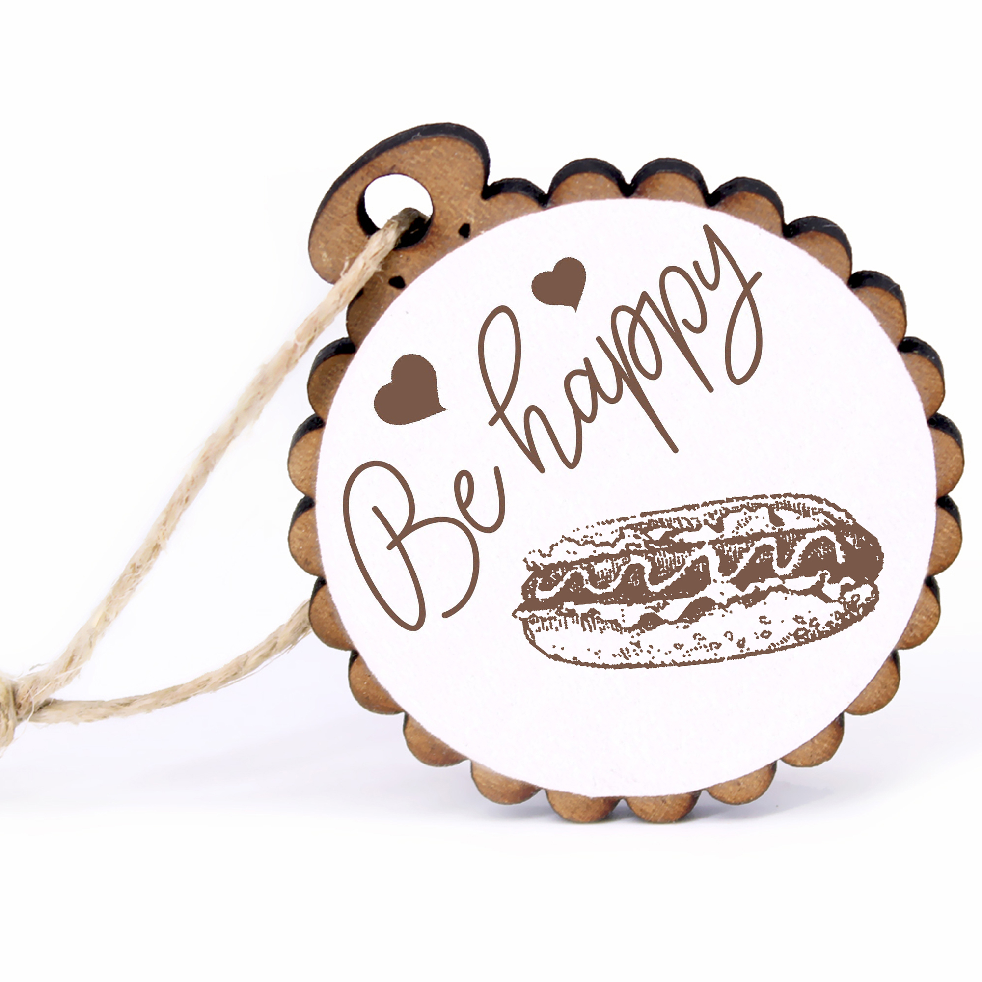 Geschenkanhänger - Be Happy Hotdog -  Holz Ø-5cm - mit Juteband