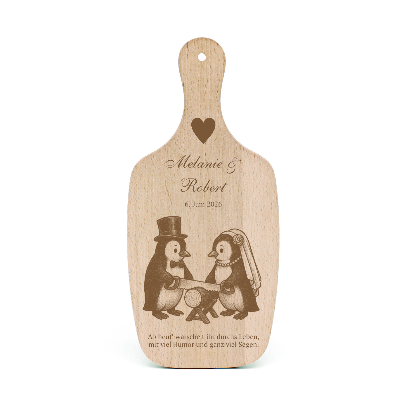 Hochzeitsgeschenk Holzbrett „Pinguin Hochzeit“ Pinguinpaar Holzsägen – 33×15 cm – personalisierbar mit Namen & Datum