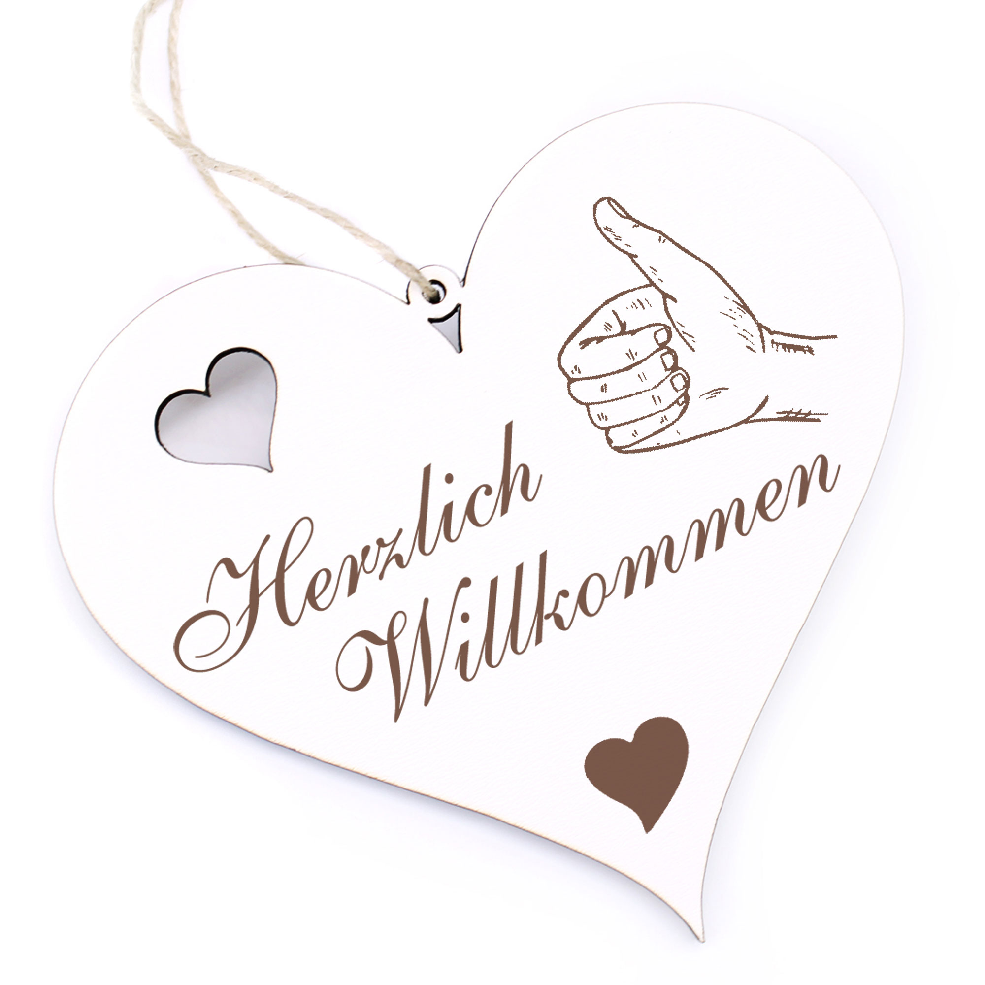 Herzlich Willkommen Schild - Daumen hoch - Deko Herz Holz