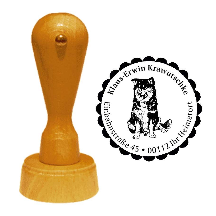 Adressstempel Finnischer Lapphund -  Holzstempel personalisiert mit Adresse - Ø 40 mm