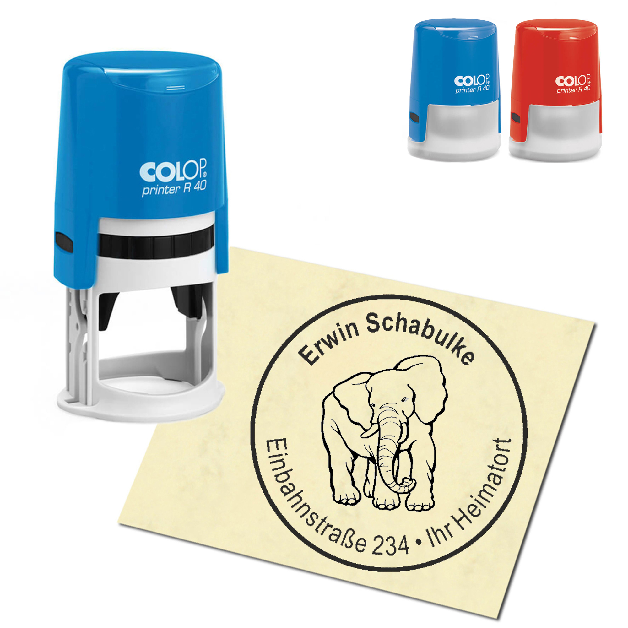 Stempel Adressstempel personalisiert - gezeichneter Elefant - rund &empty; 40mm