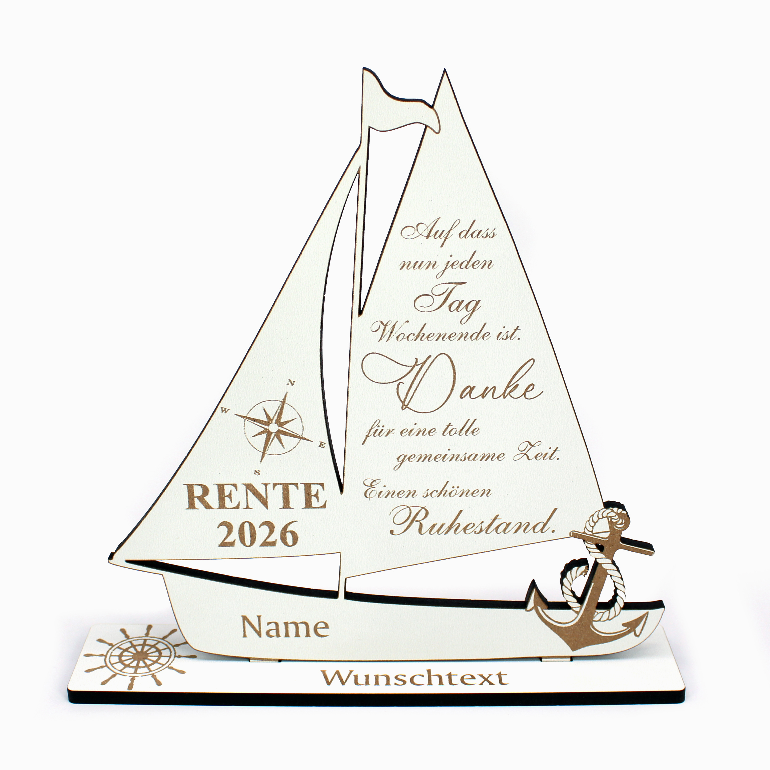 Geldgeschenk Rente 2026 personalisiert mit Name, Jahreszahl & Wunschtext – Schiff mit Spruch 20 x 20 cm