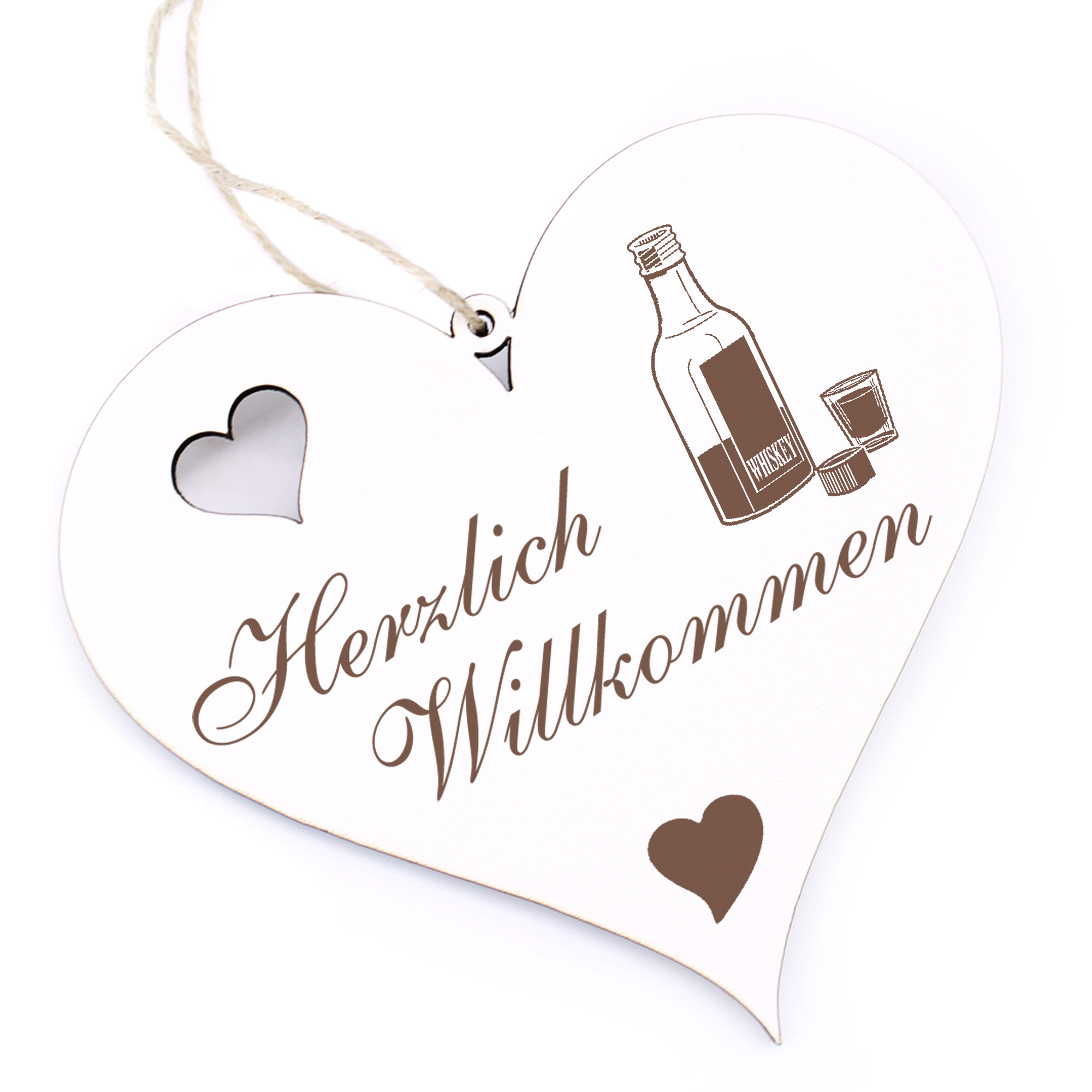 Herzlich Willkommen Schild - Schnapsflasche - Deko Herz Holz