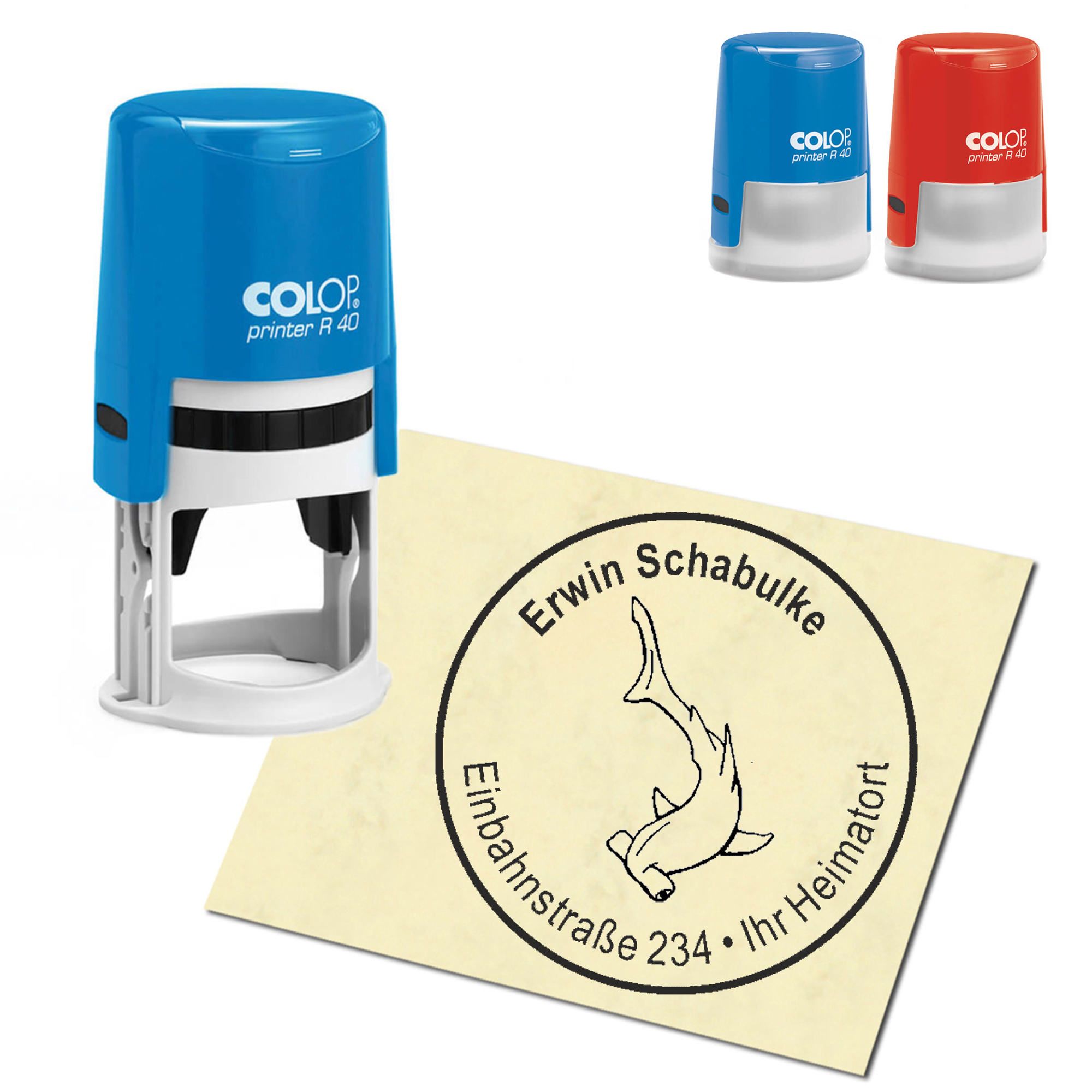 Stempel Adressstempel personalisiert - Hammerhai - rund &empty; 40mm