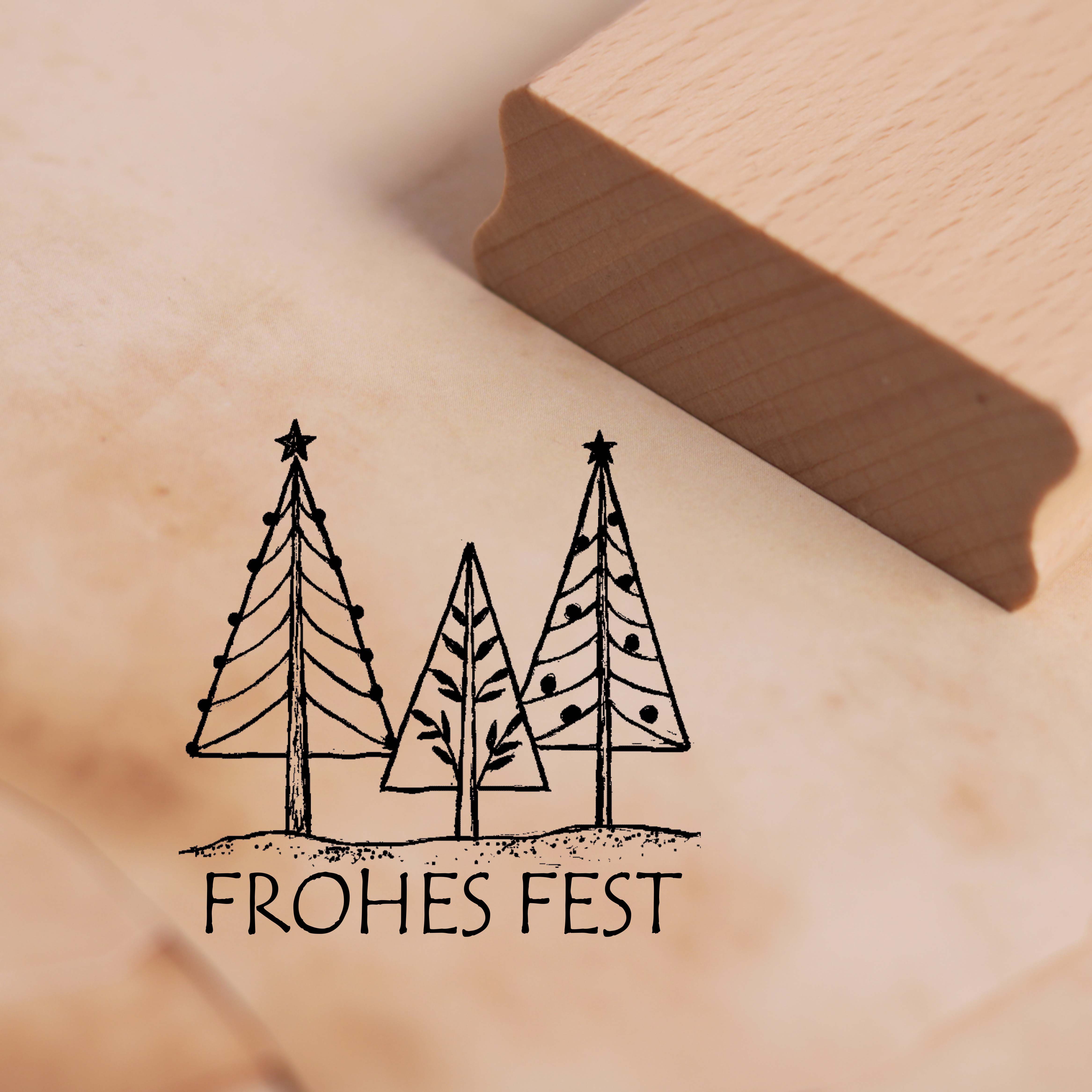 Motivstempel Frohes Fest Stempel Geschmückte Tannenbäume 48 x 48 mm