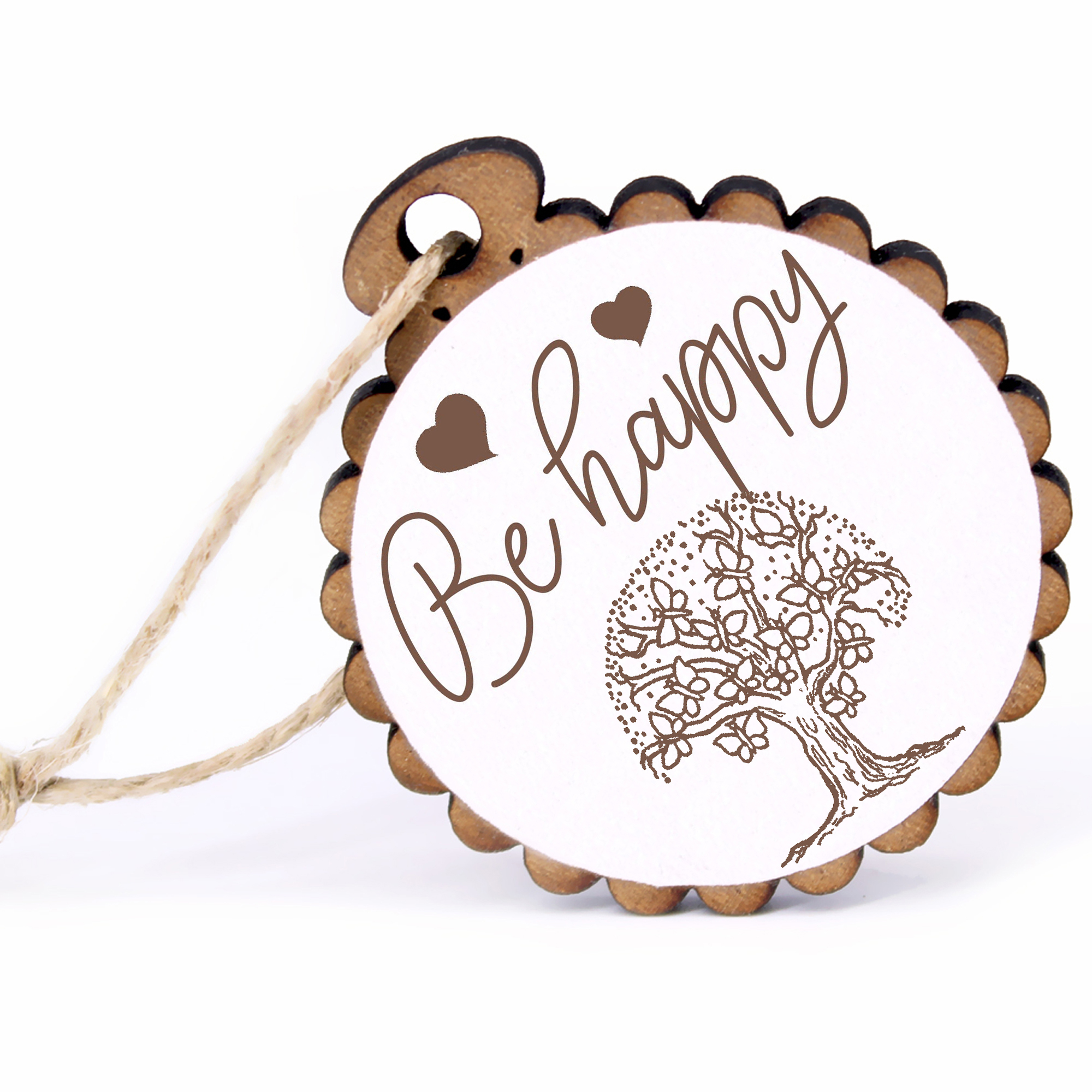 Geschenkanhänger - Be Happy Baum aus Schmetterlingen -  Holz Ø-5cm - mit Juteband