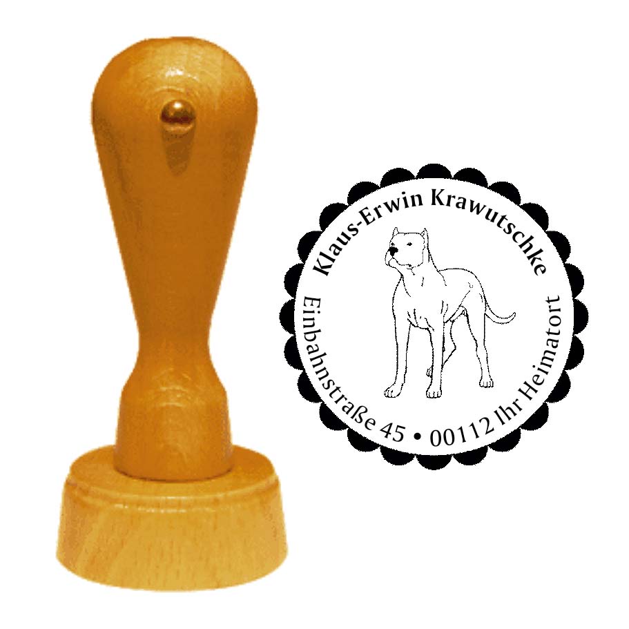 Adressstempel Dogo Argentino -  Holzstempel personalisiert mit Adresse - Ø 40 mm