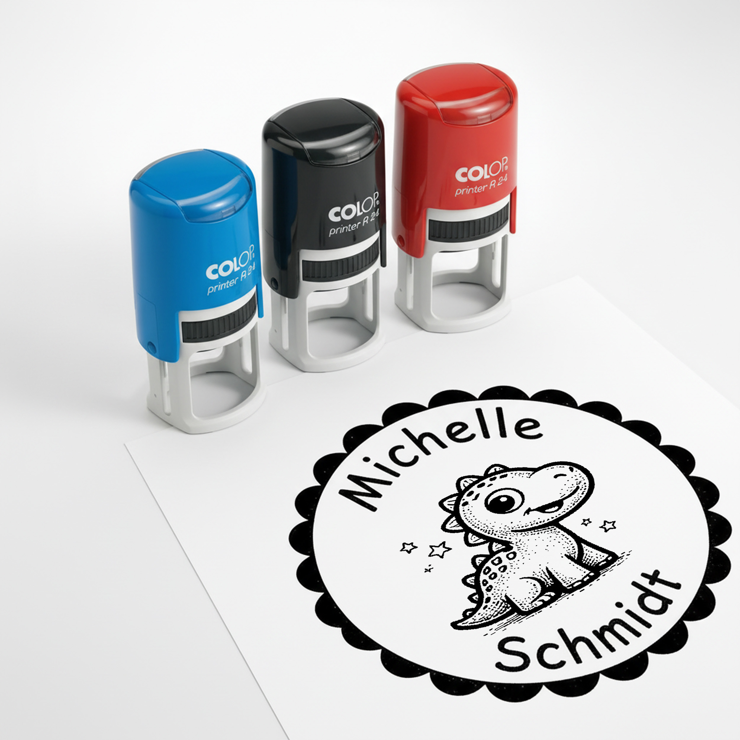 Kinder Namensstempel Dino personalisiert – 24mm – Namensstempel für Schule & Grundschule – Geschenk Schulanfang Einschulung