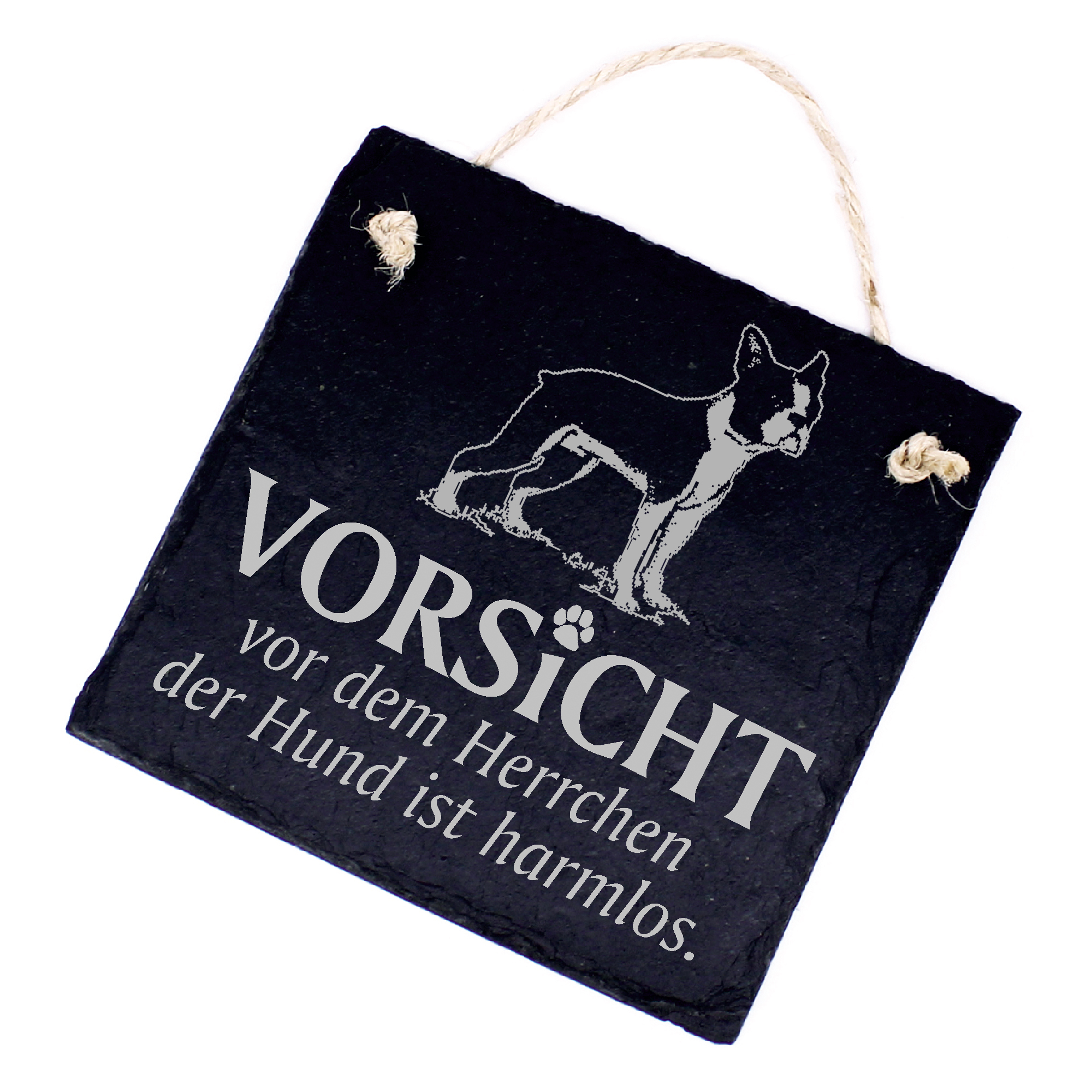Hundeschild Boston Terrier Schild aus Schiefer - Vorsicht vor dem Herrchen - 11cm x 11cm
