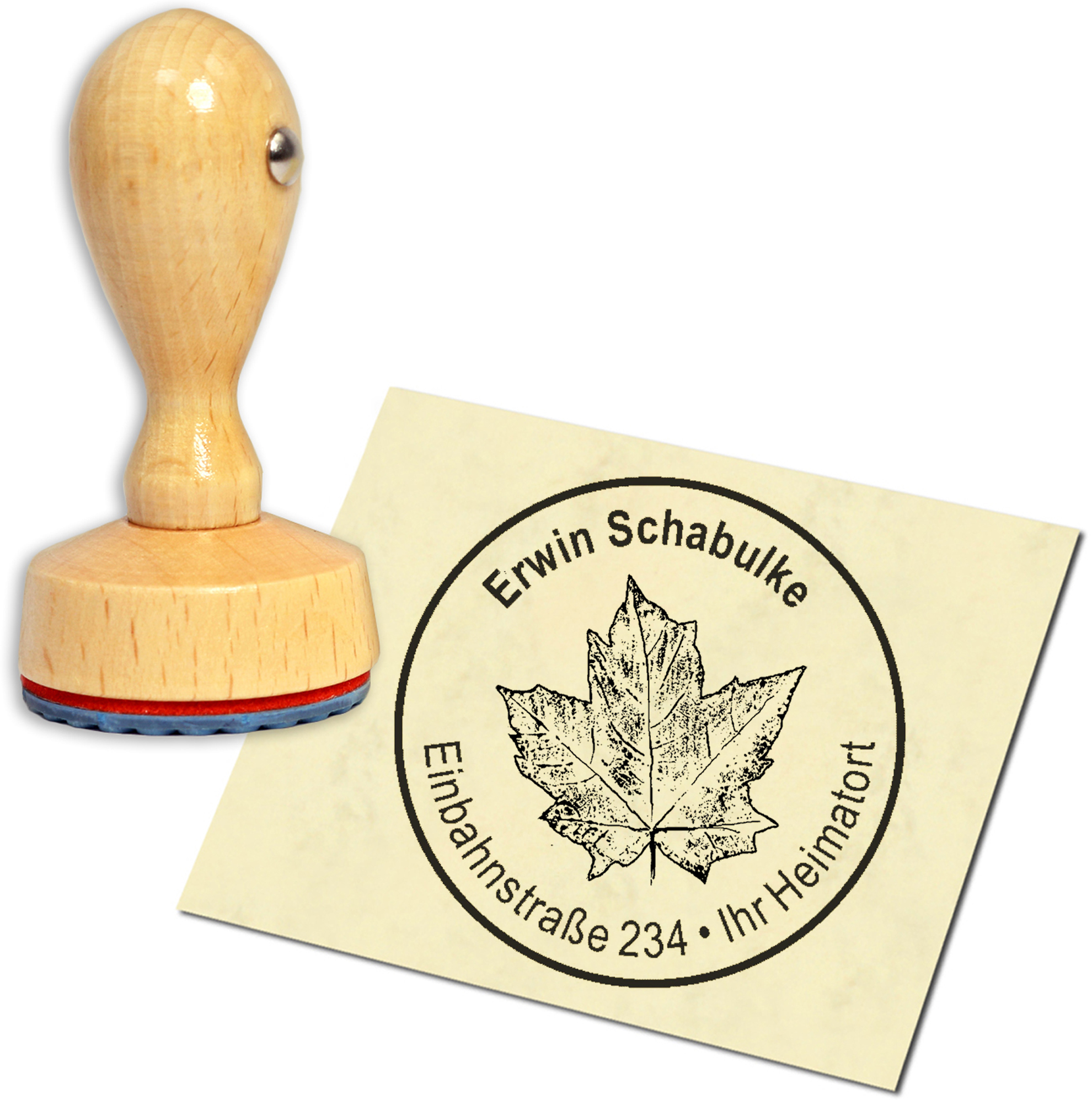 Stempel Adressstempel Holzstempel - Ahornblatt Herbst - rund 40mm