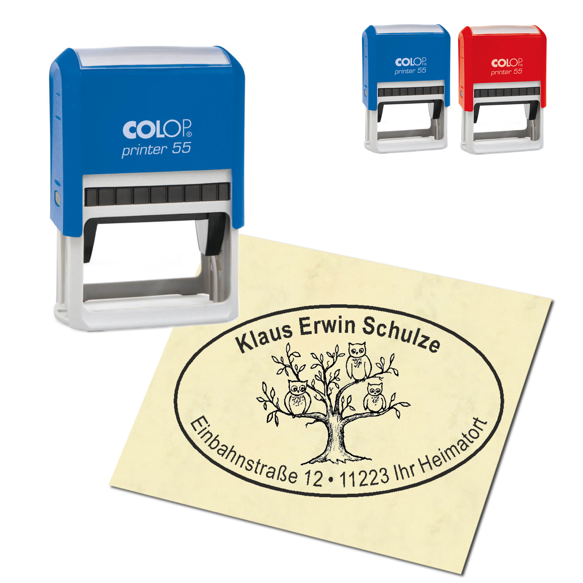 Adressstempel personalisiert Stempel - Baum mit Eulen - oval 59 x 39 mm
