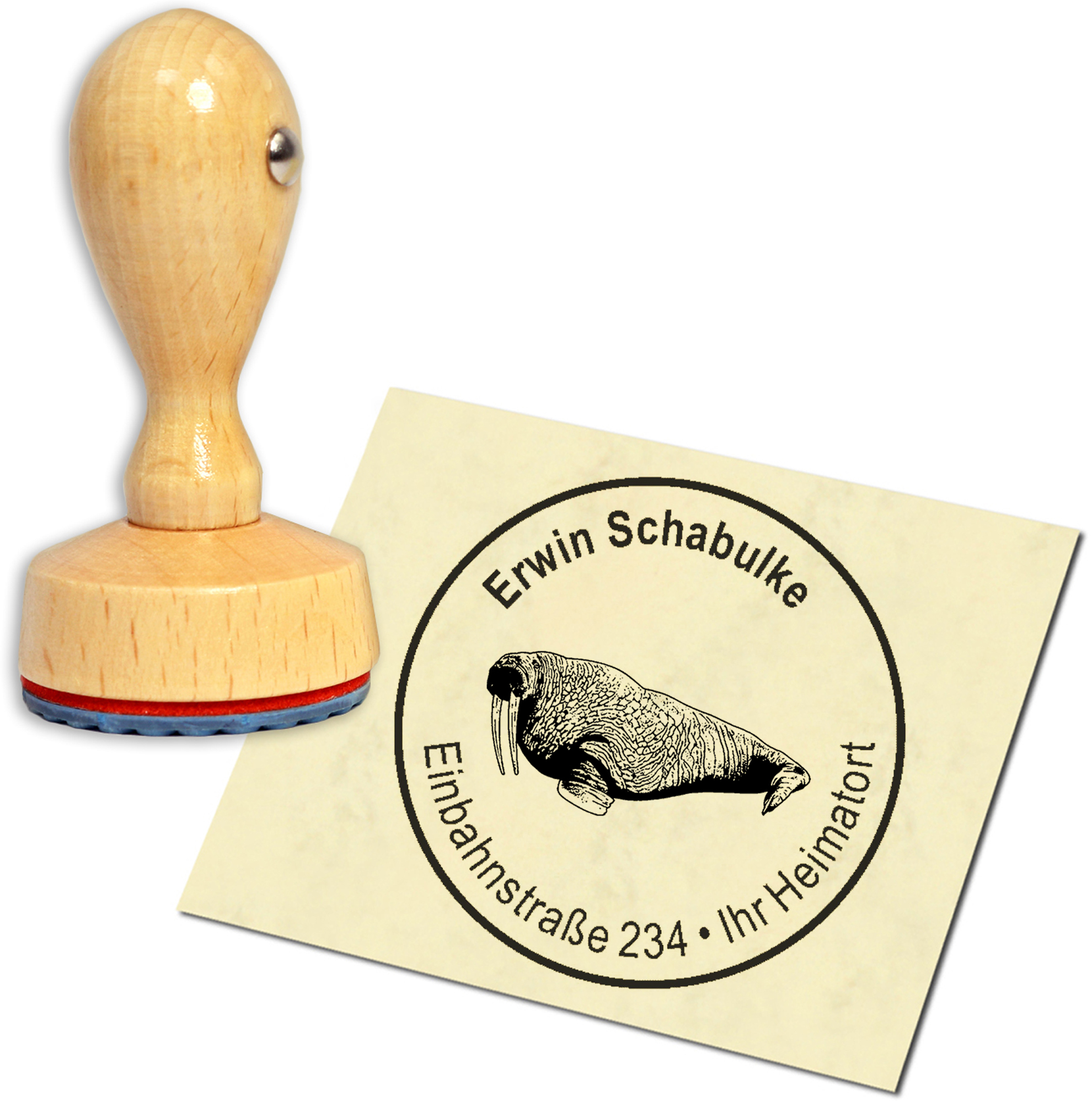 Stempel Adressstempel Holzstempel - Walross - rund 40mm