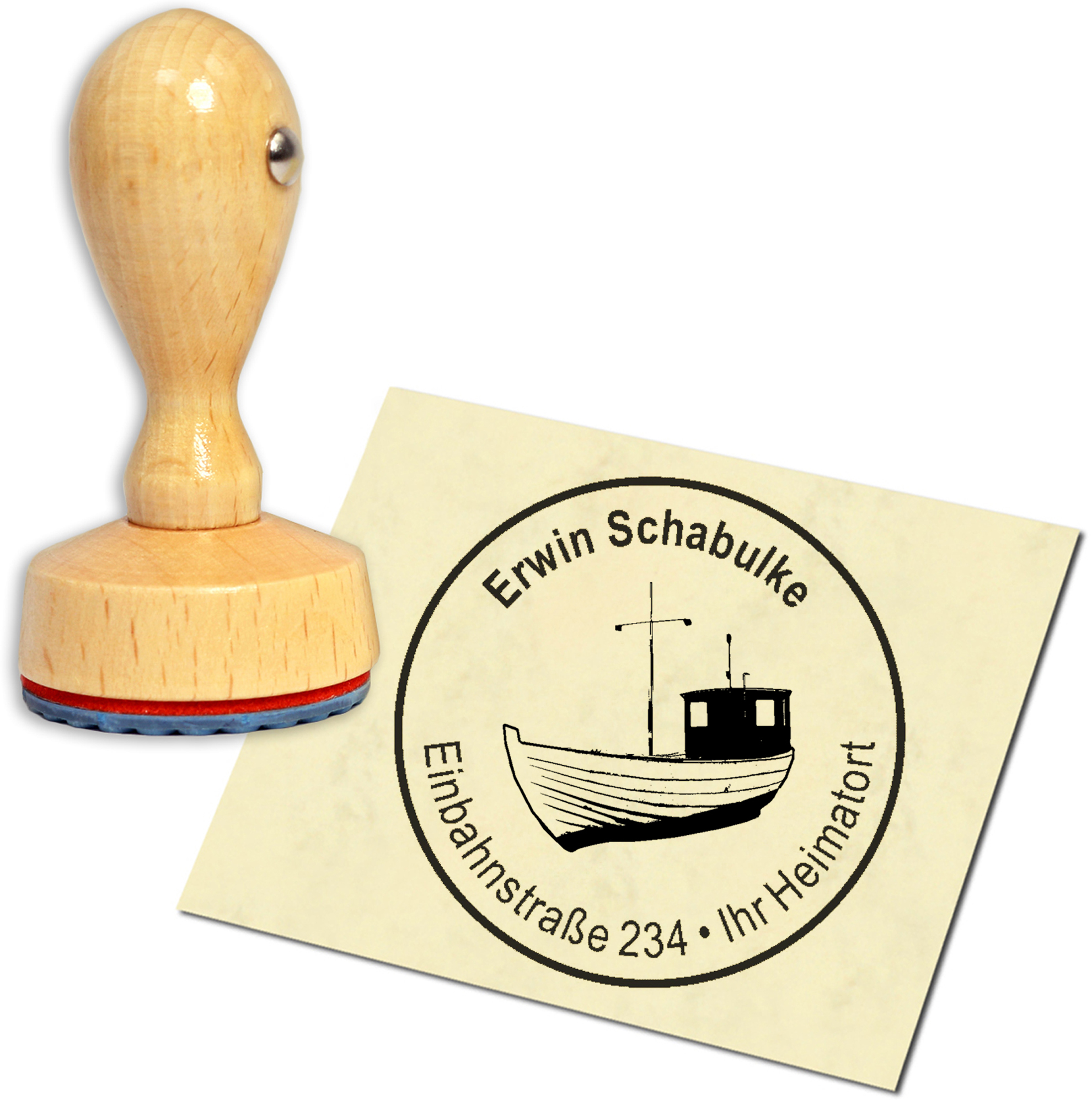 Stempel Adressstempel Holzstempel - Fischkutter - rund 40mm