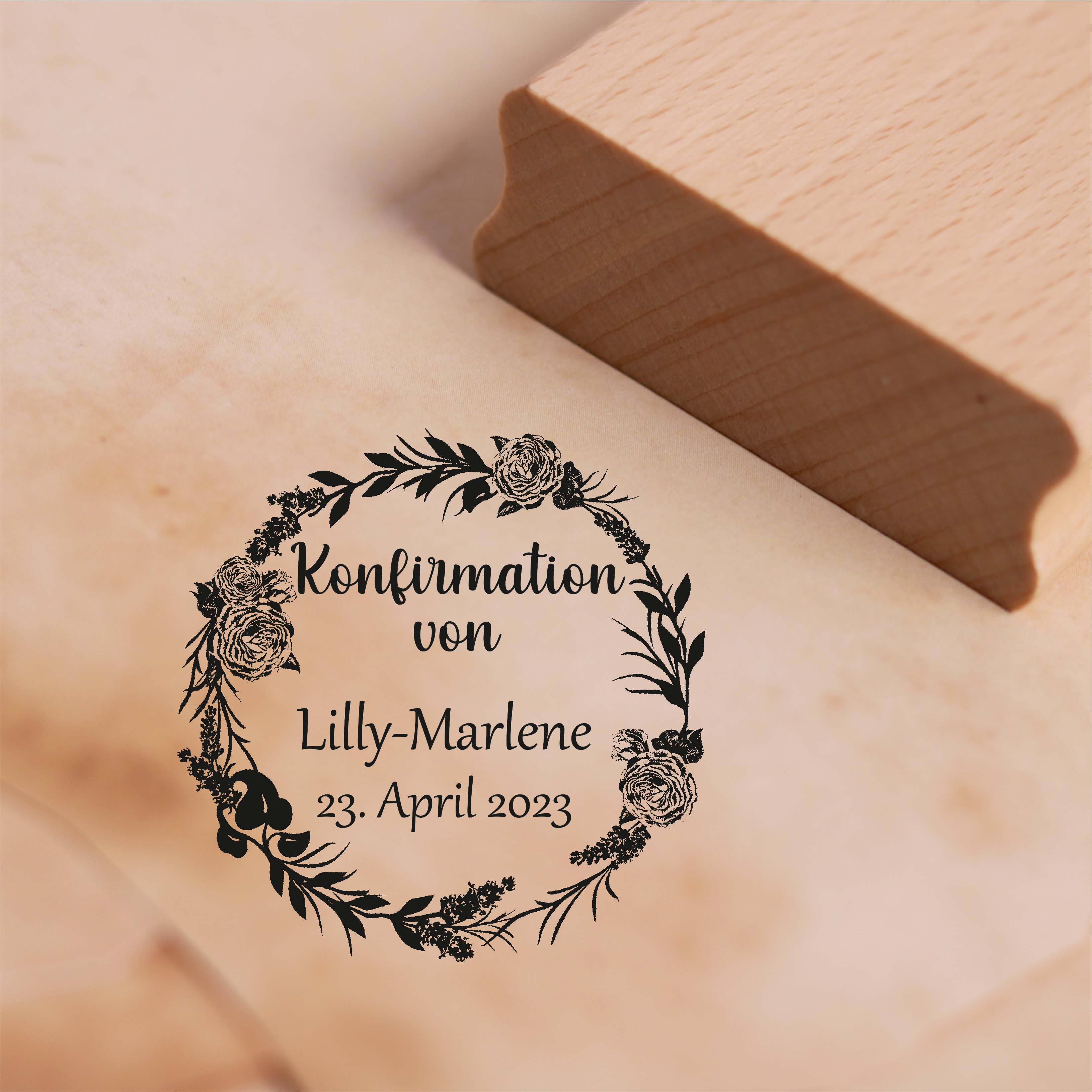 Stempel Konfirmation von - mit Name und Datum - Motiv Vintage Rosen Kranz Motivstempel 38 x 38 mm