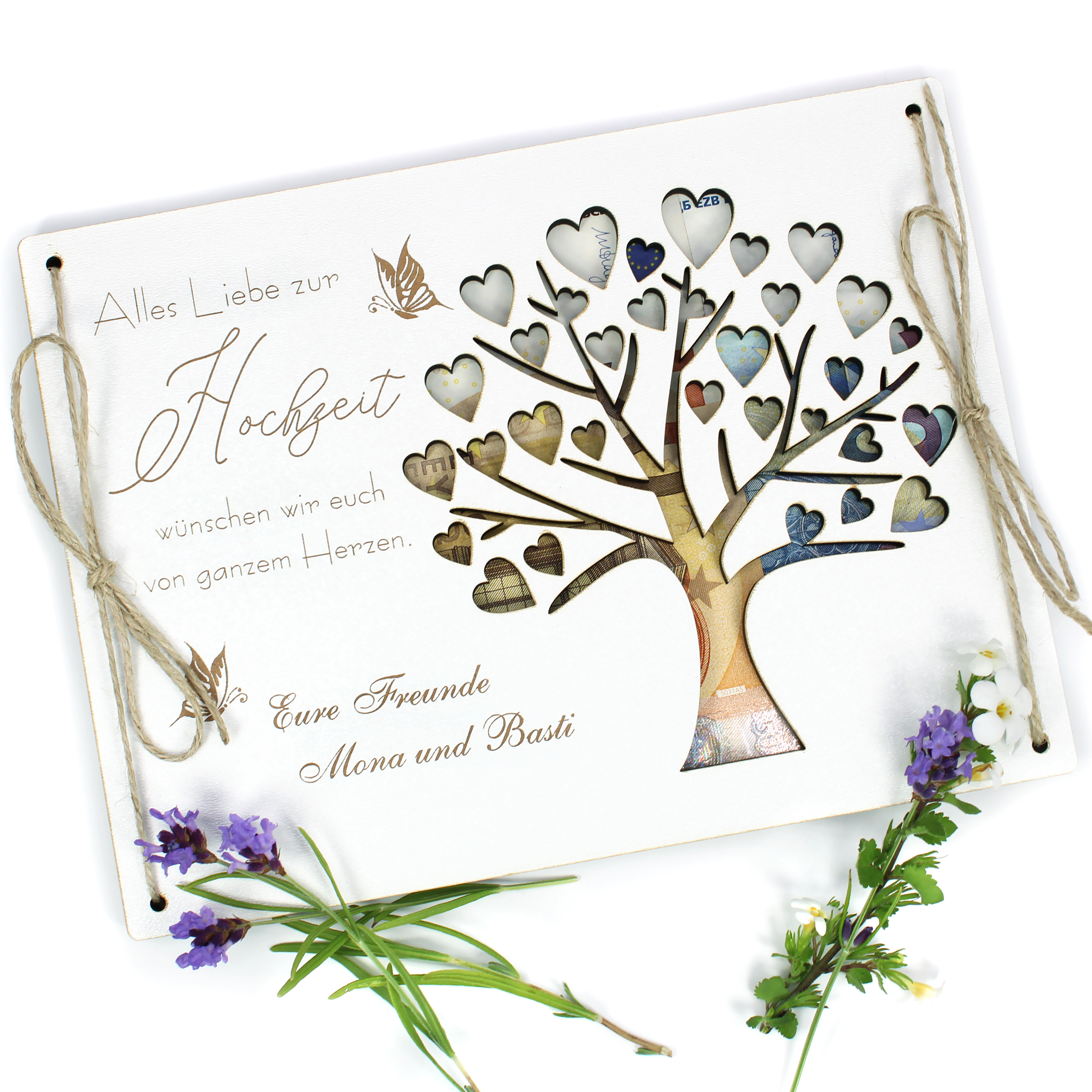 Personalisiertes Geldgeschenk zur Hochzeit - Holzkarte mit Herzbaum & Namen/Wunschtext