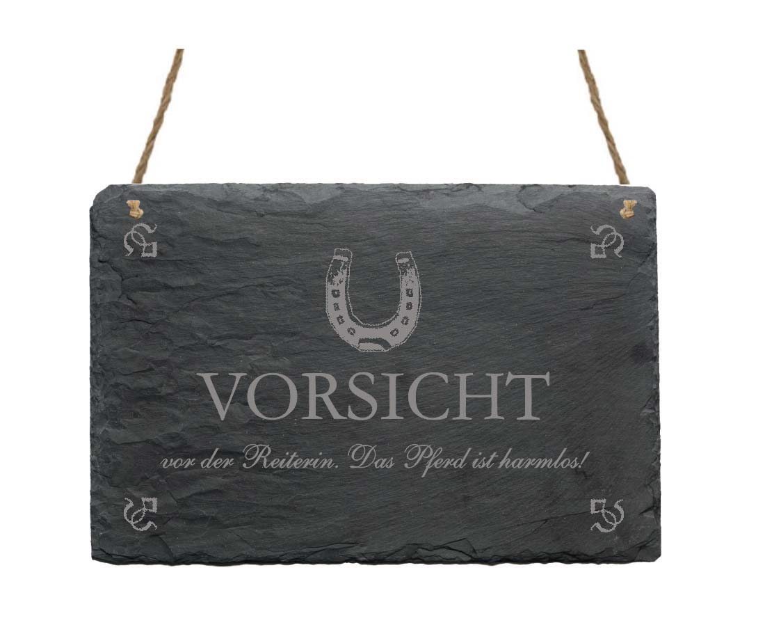 Schiefertafel « Vorsicht vor der Reiterin... » Hufeisen