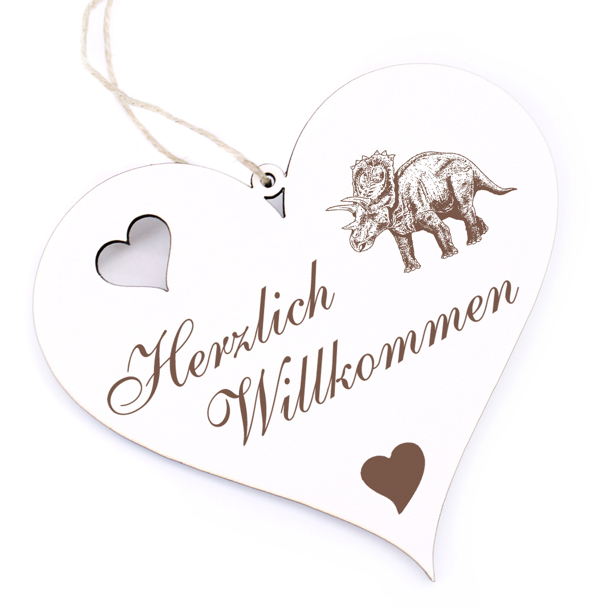 Herzlich Willkommen Schild - Dinosaurier Trizeratops - Deko Herz Holz