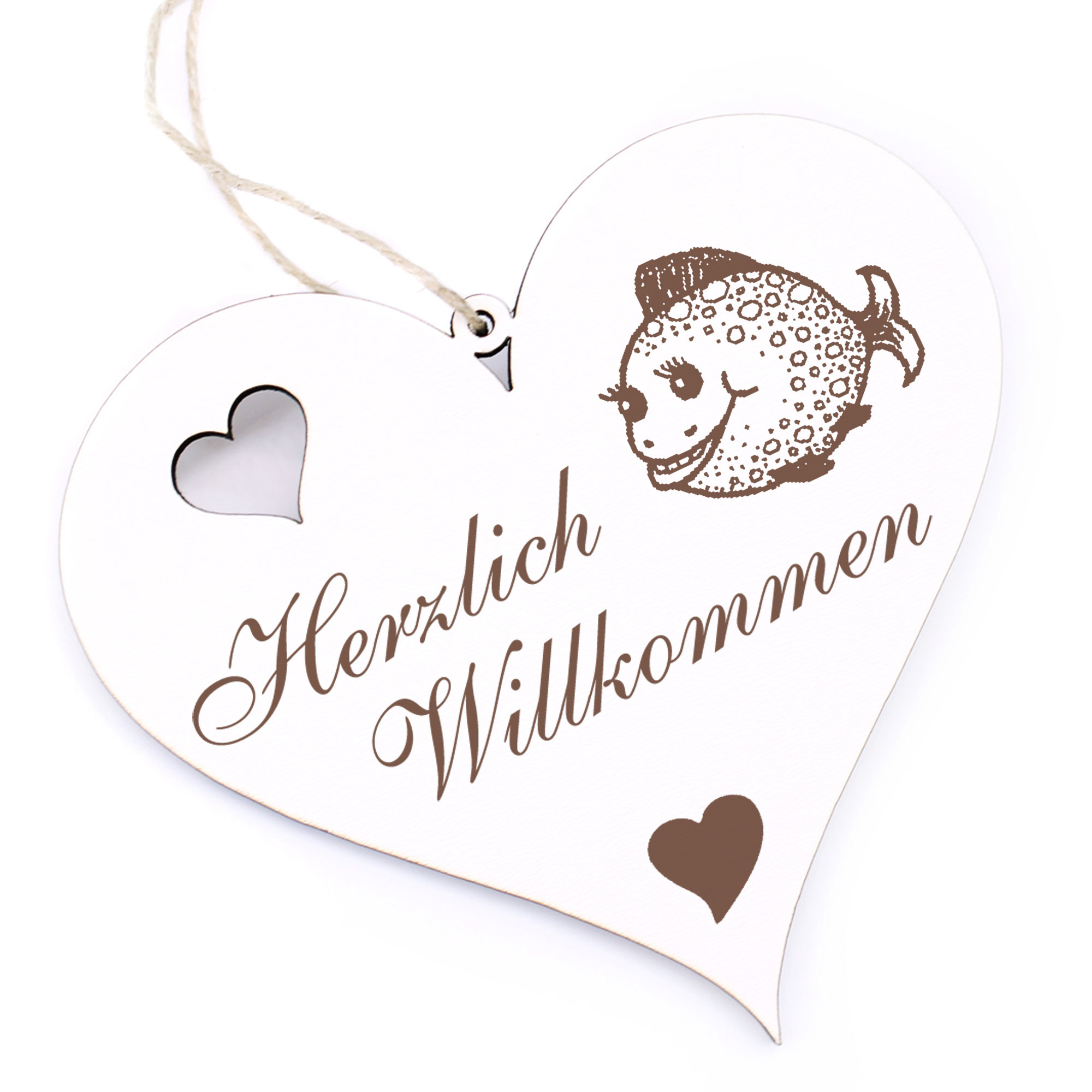 Herzlich Willkommen Schild - niedlicher Kugelfisch - Deko Herz Holz