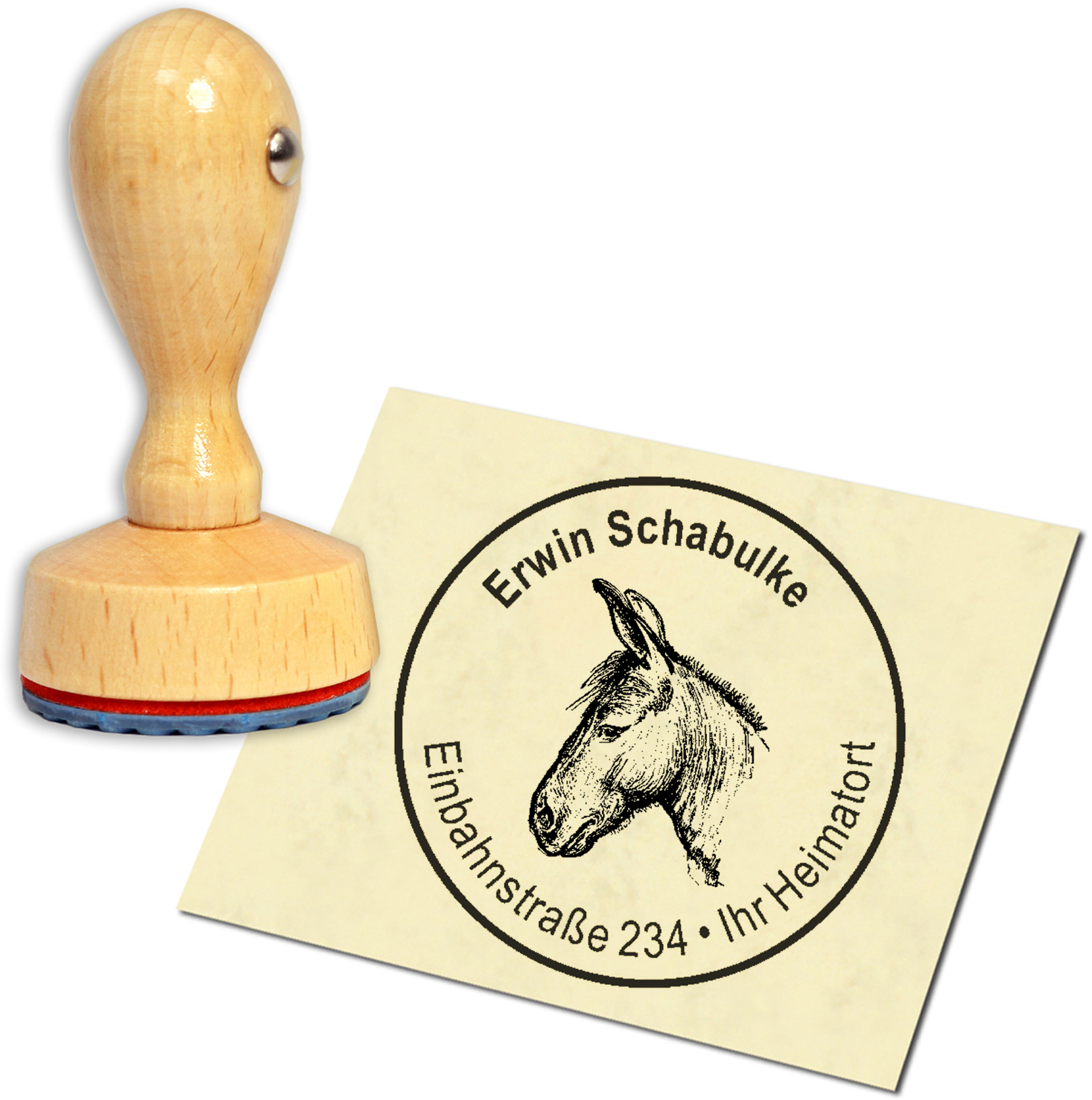 Stempel Adressstempel Holzstempel - Esel Kopf - rund 40mm