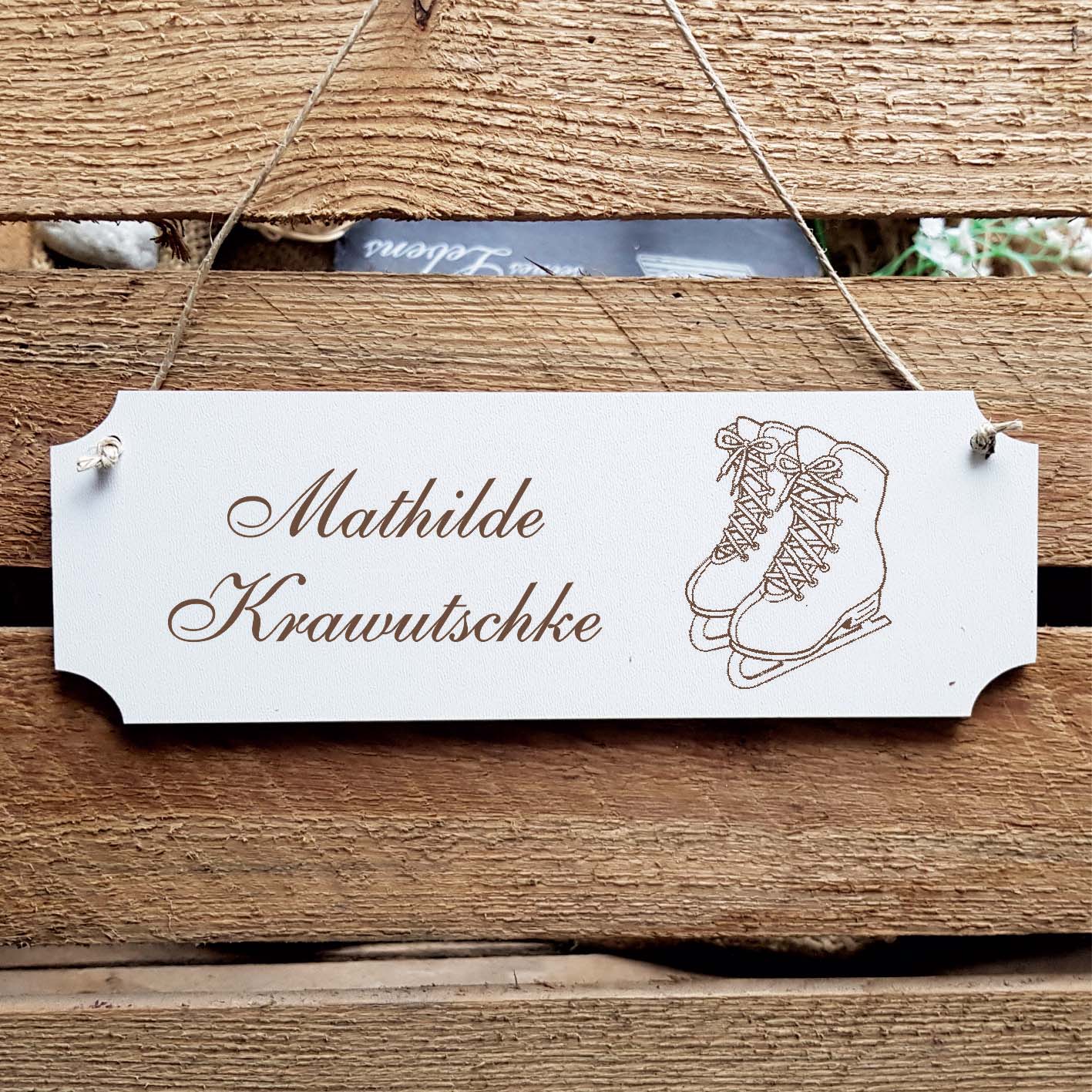 Schild « Schlittschuhe » Namensschild Türschild zum Anhängen - 20 x 6,7 cm