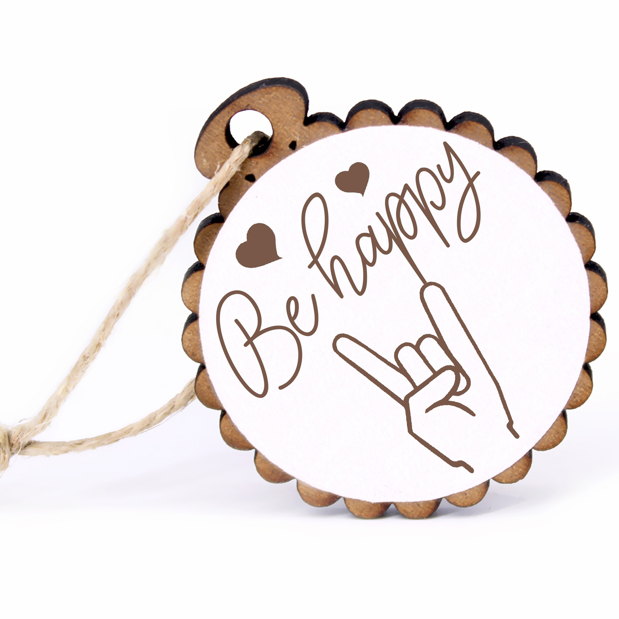 Geschenkanhänger - Be Happy Pommesgabel -  Holz Ø-5cm - mit Juteband
