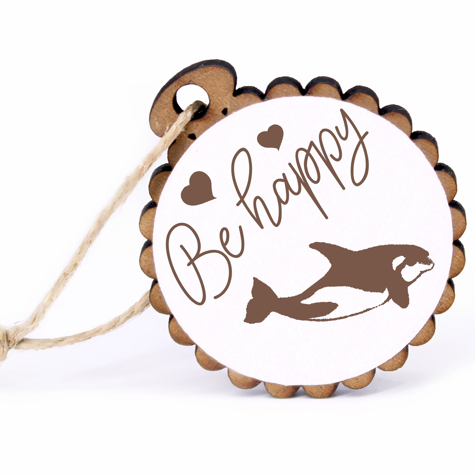 Geschenkanhänger - Be Happy Orca Schwertwal -  Holz Ø-5cm - mit Juteband