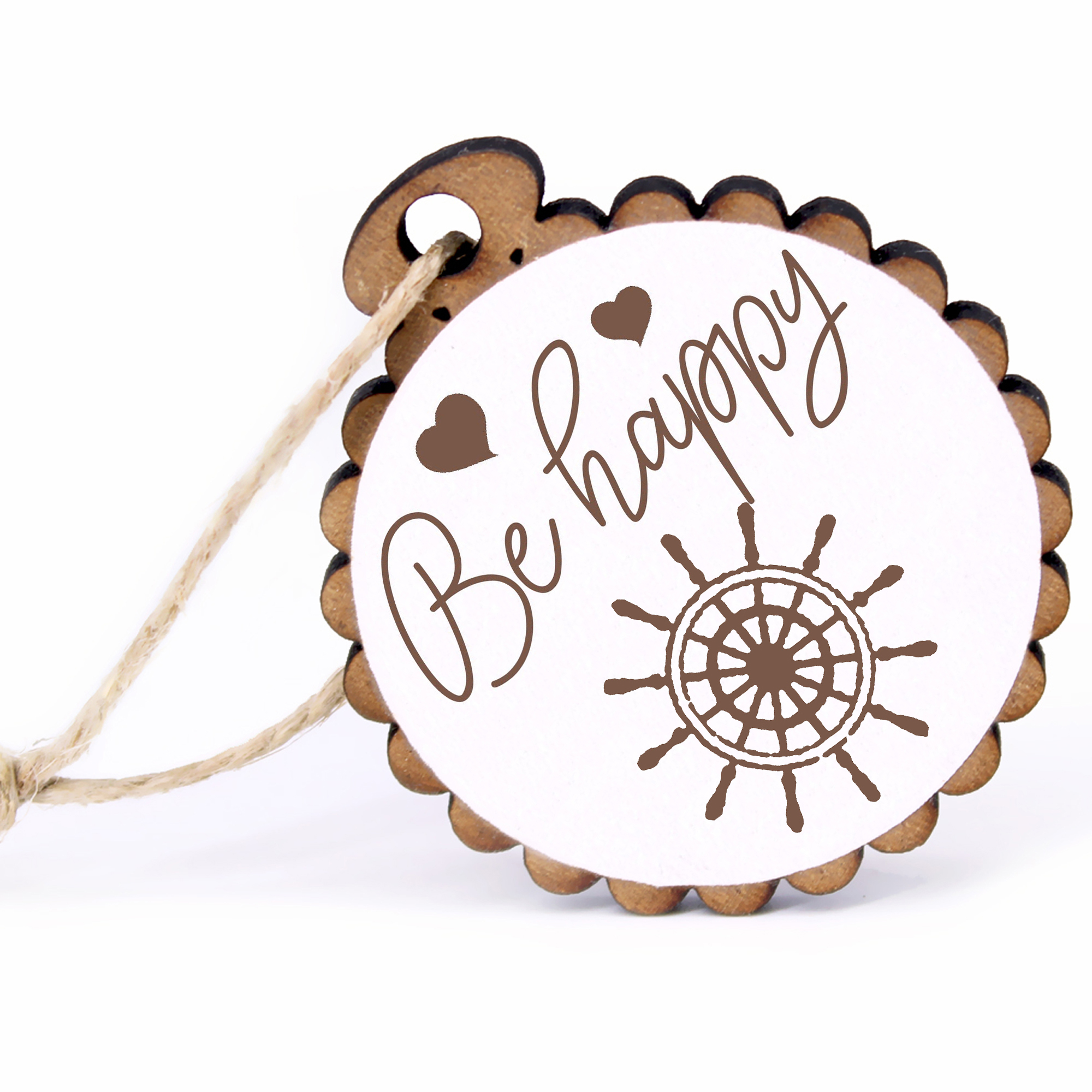 Geschenkanhänger - Be Happy Steuerrad -  Holz Ø-5cm - mit Juteband