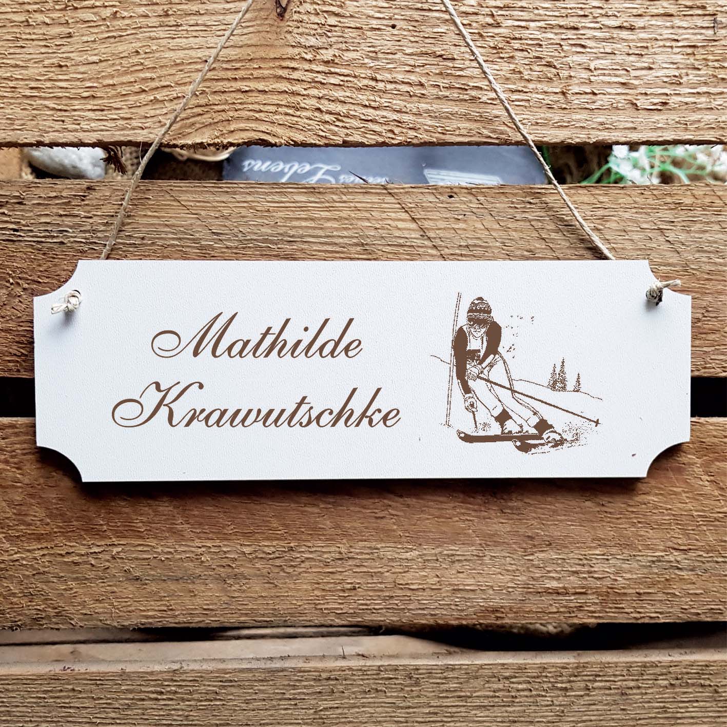 Schild « Skifahrer » Namensschild Türschild zum Anhängen - 20 x 6,7 cm