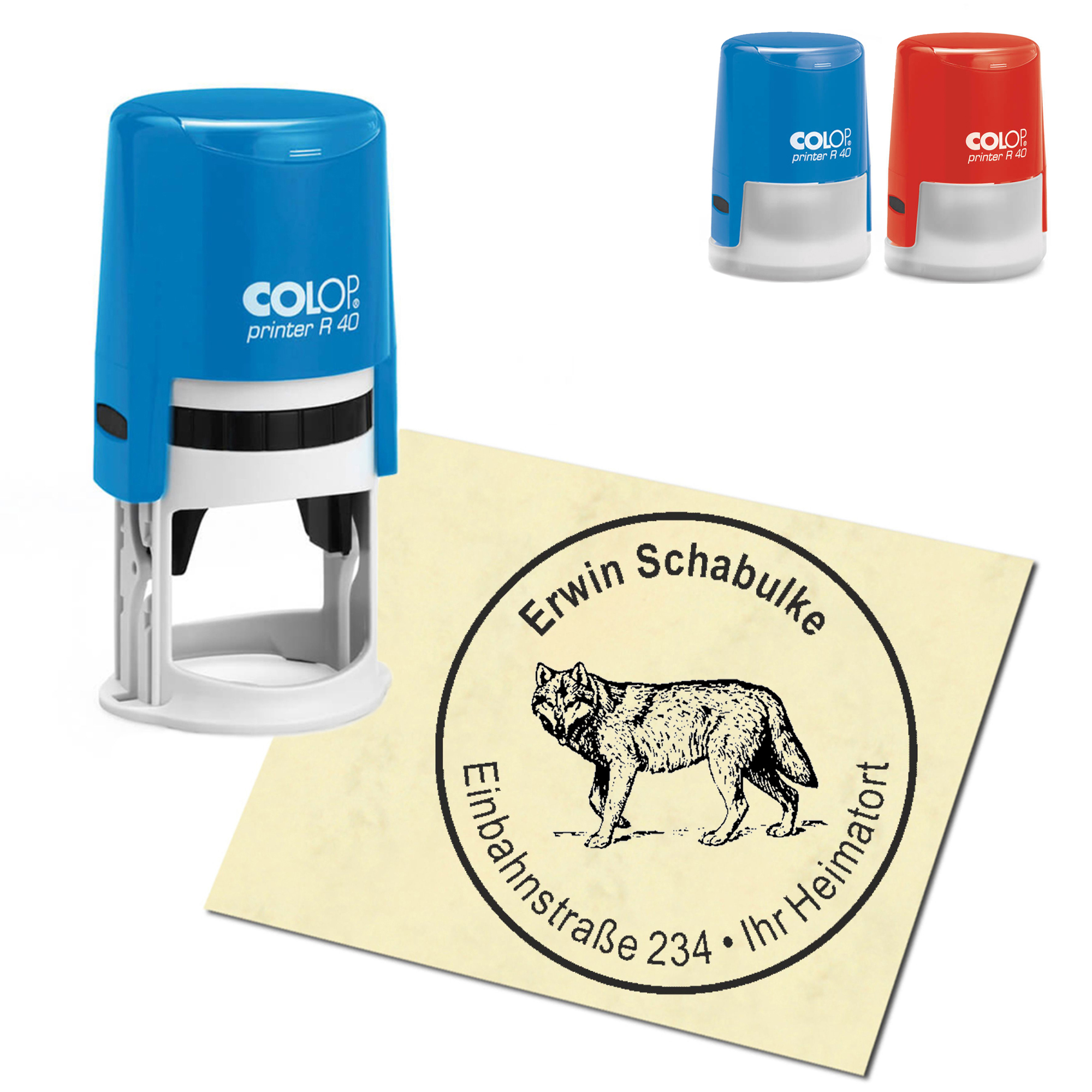 Stempel Adressstempel personalisiert - gehender Wolf - rund &empty; 40mm