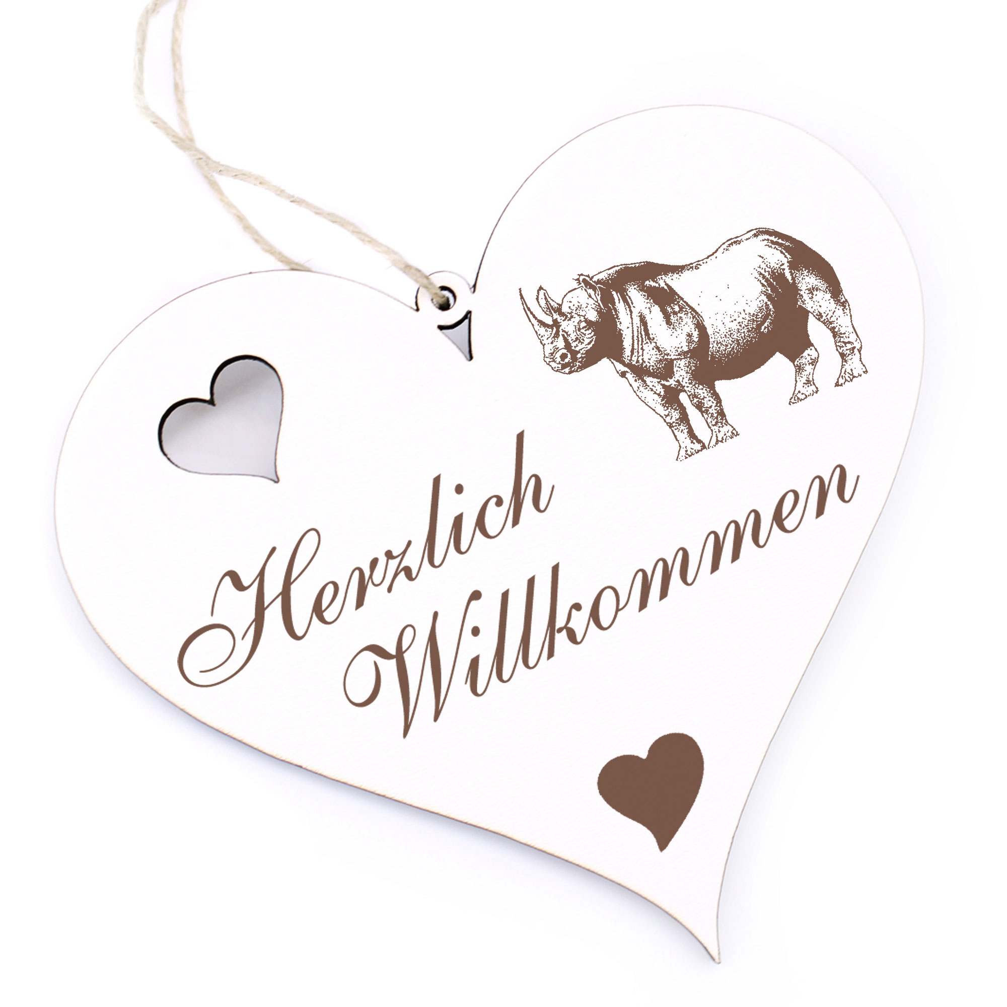 Herzlich Willkommen Schild - Nashorn - Deko Herz Holz