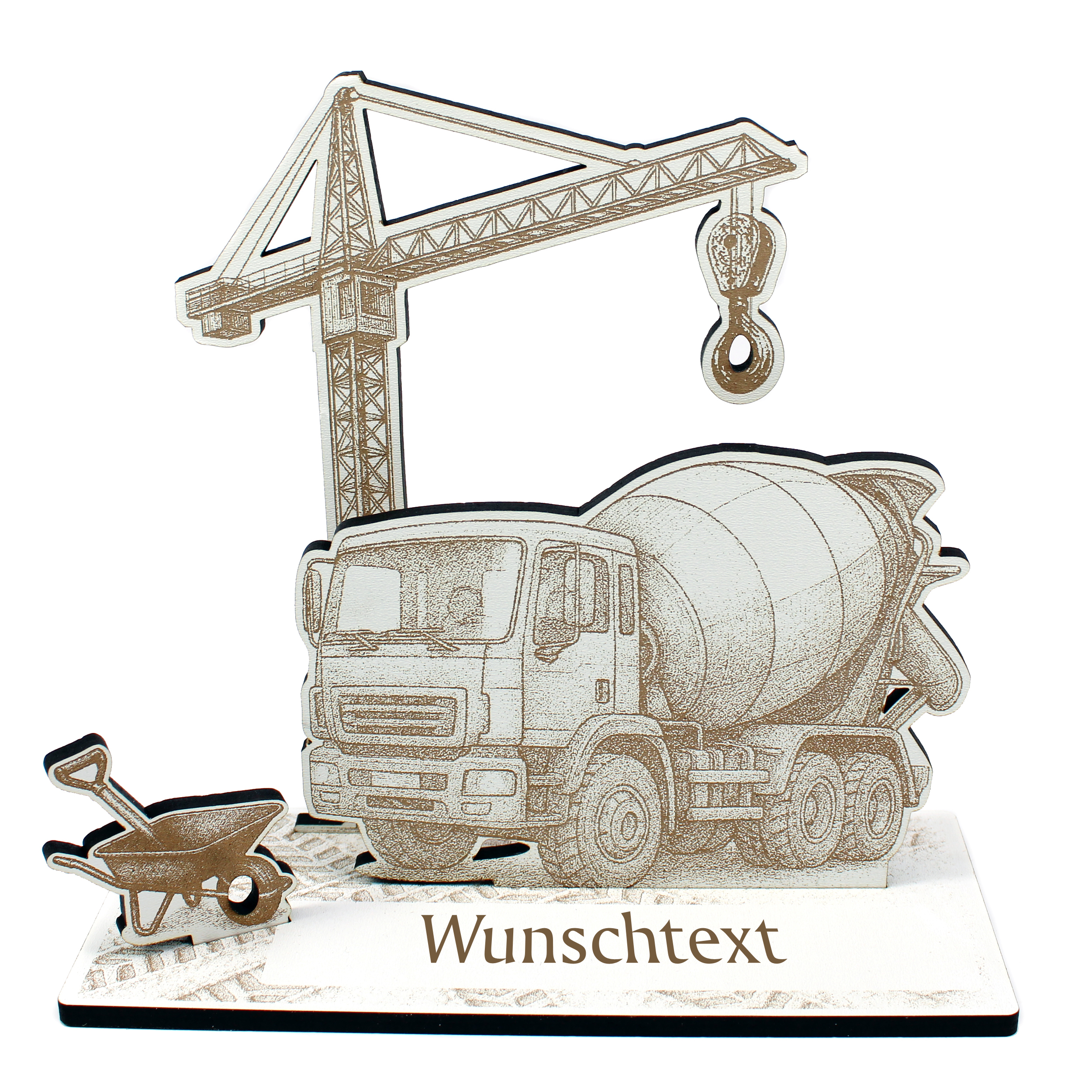 Geldgeschenk Aufsteller „Mischerfahrer“ – Dekoaufsteller mit Mischer, Kran & Schubkarre –  18×19×8 cm