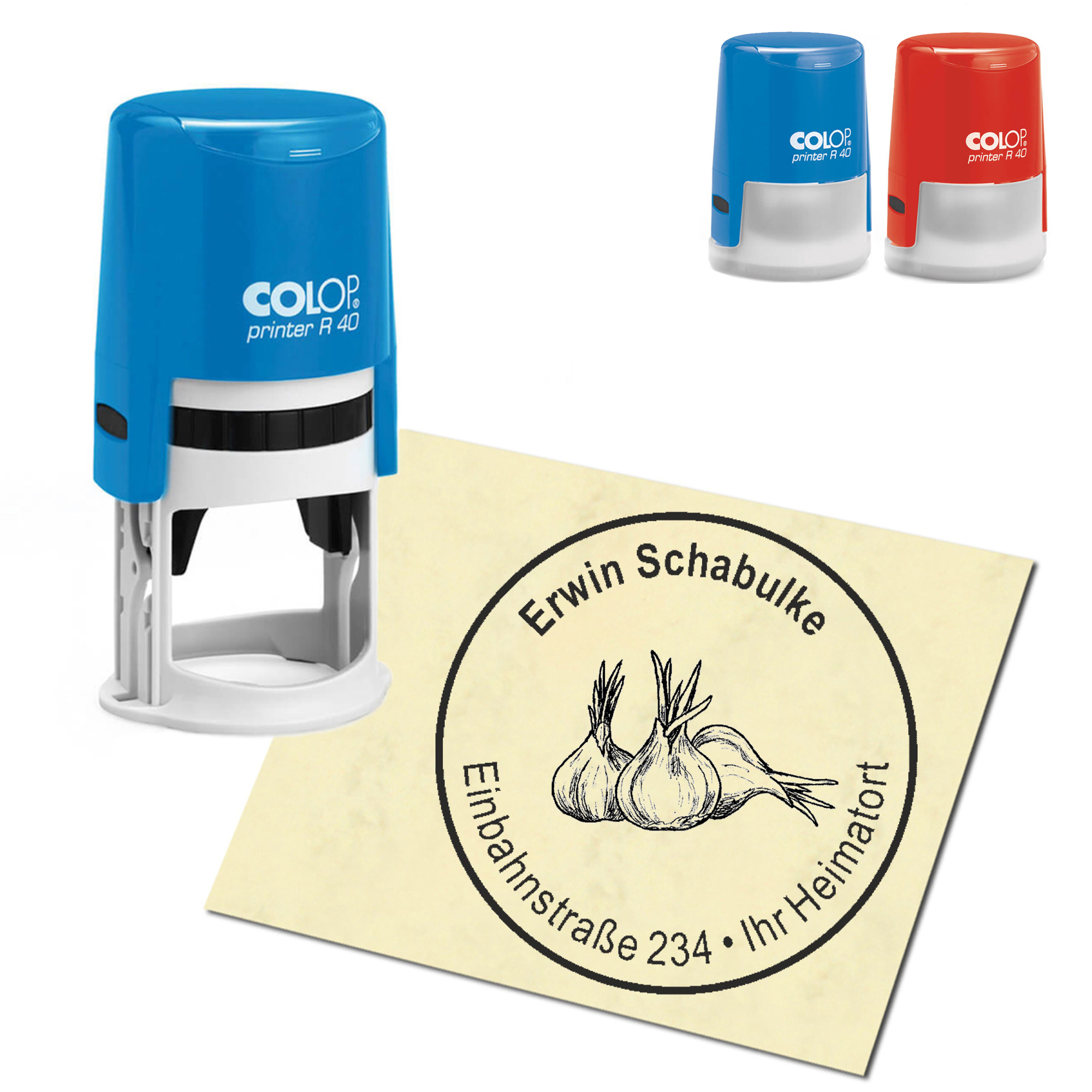 Stempel Adressstempel personalisiert - Knoblauch drei Zehen - rund &empty; 40mm