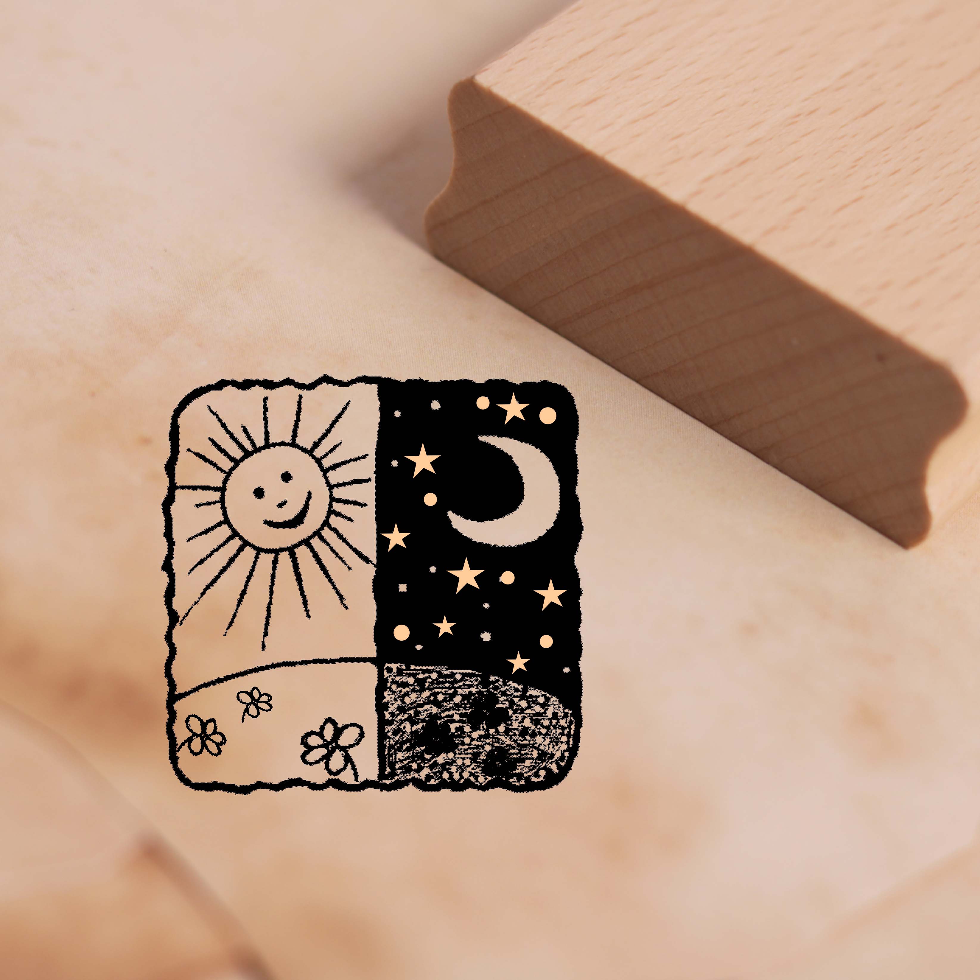 Motivstempel Sonne und Mond - Himmel tagsüber und nachts - Stempel Holzstempel 48 x 48 mm