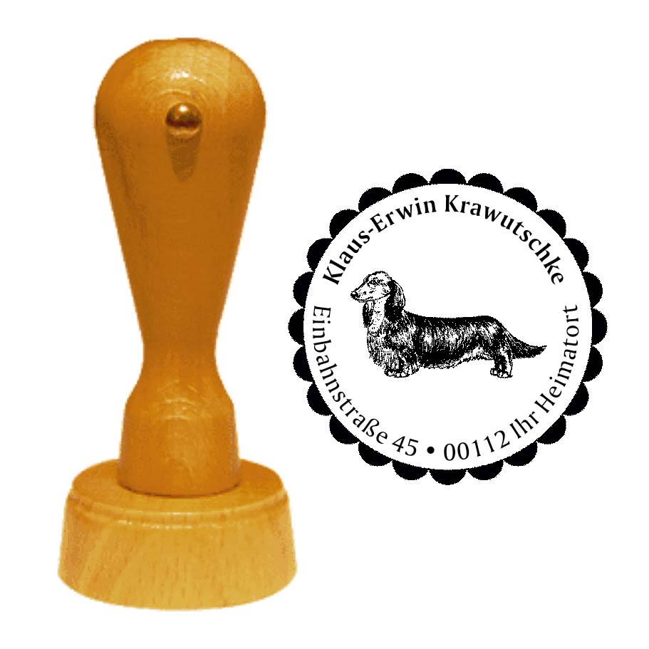 Adressstempel Dackel Dachshund Langhaar -  Holzstempel personalisiert mit Adresse - Ø 40 mm
