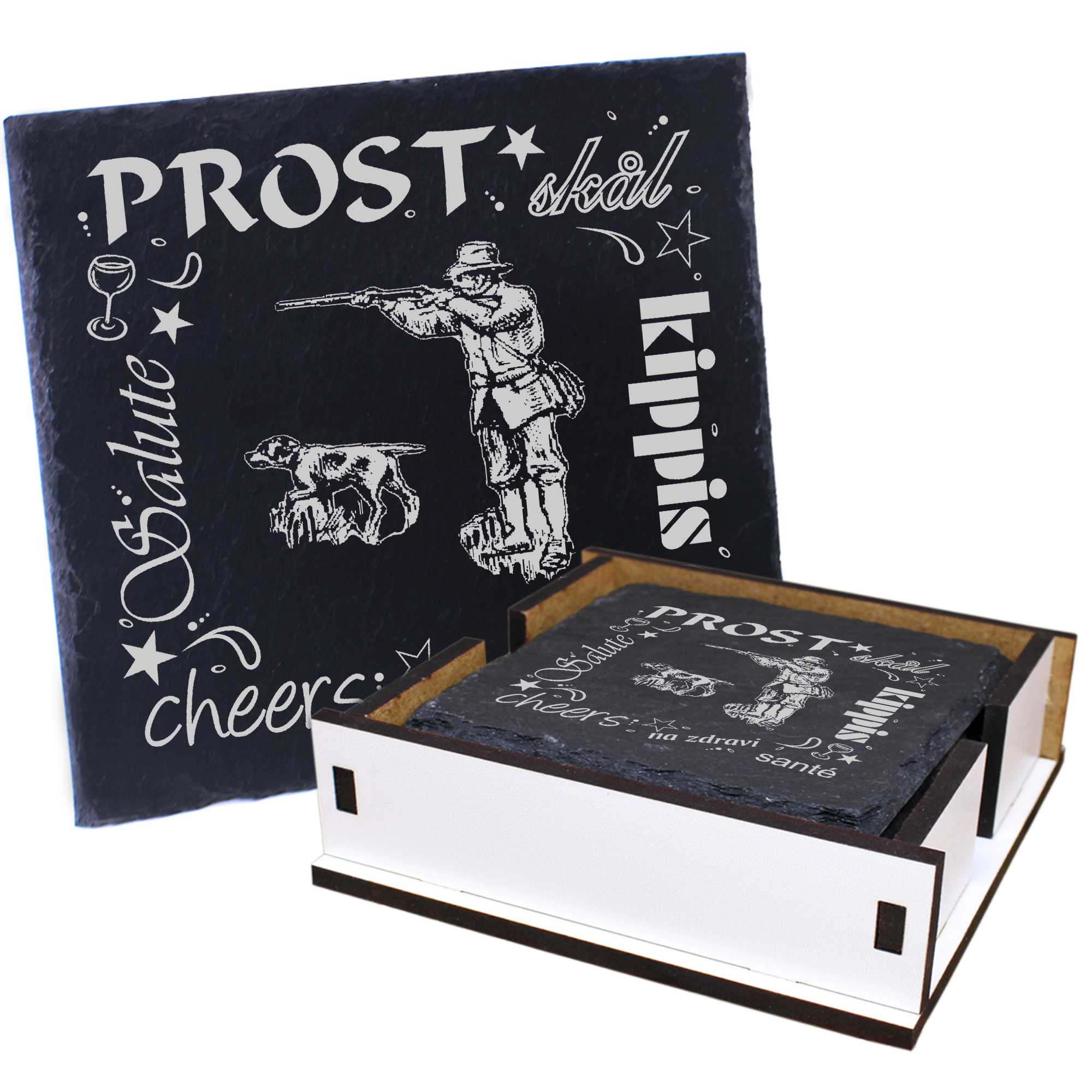 5 x Schiefer Untersetzer - Prost Jäger - inkl. Holzbox & Flaschenuntersetzer