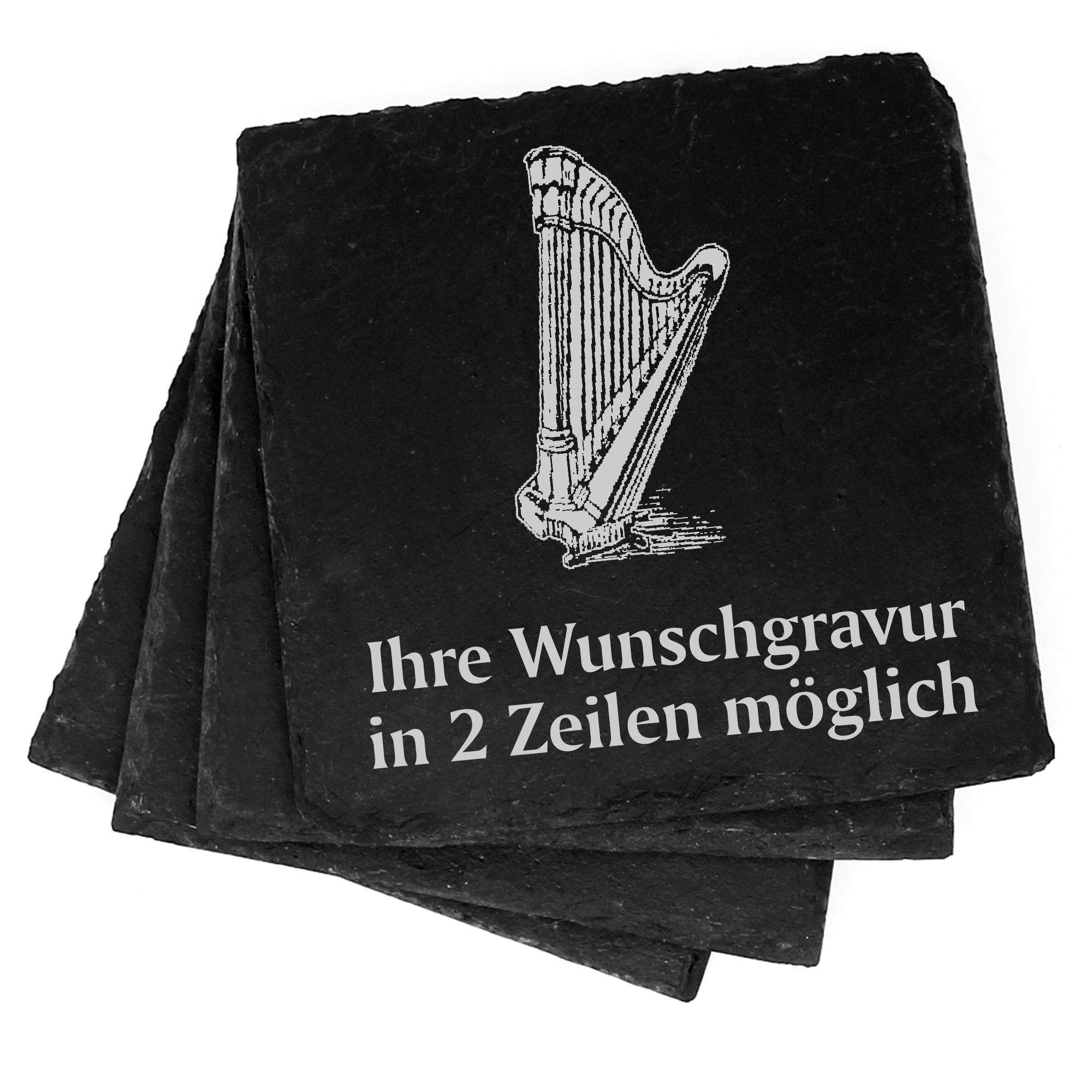 4x Harfe Deko Schiefer Untersetzer Wunschgravur Set - 11 x 11 cm