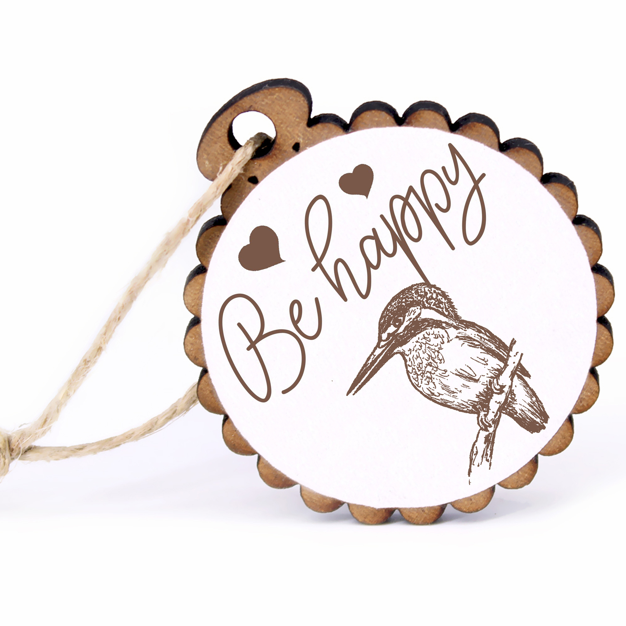 Geschenkanhänger - Be Happy Eisvogel -  Holz Ø-5cm - mit Juteband