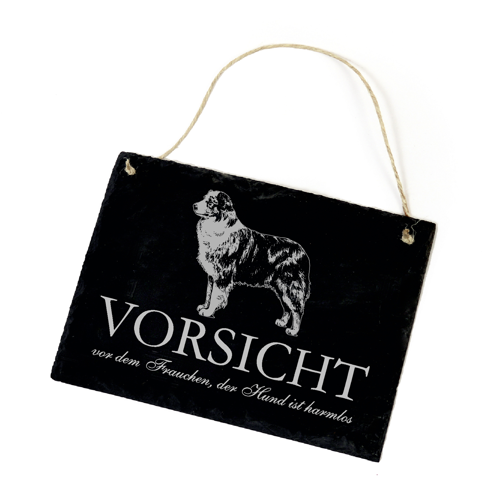 Hundeschild Australian Shepherd Schild aus Schiefer - Vorsicht vor dem Frauchen - 22cm x 16cm