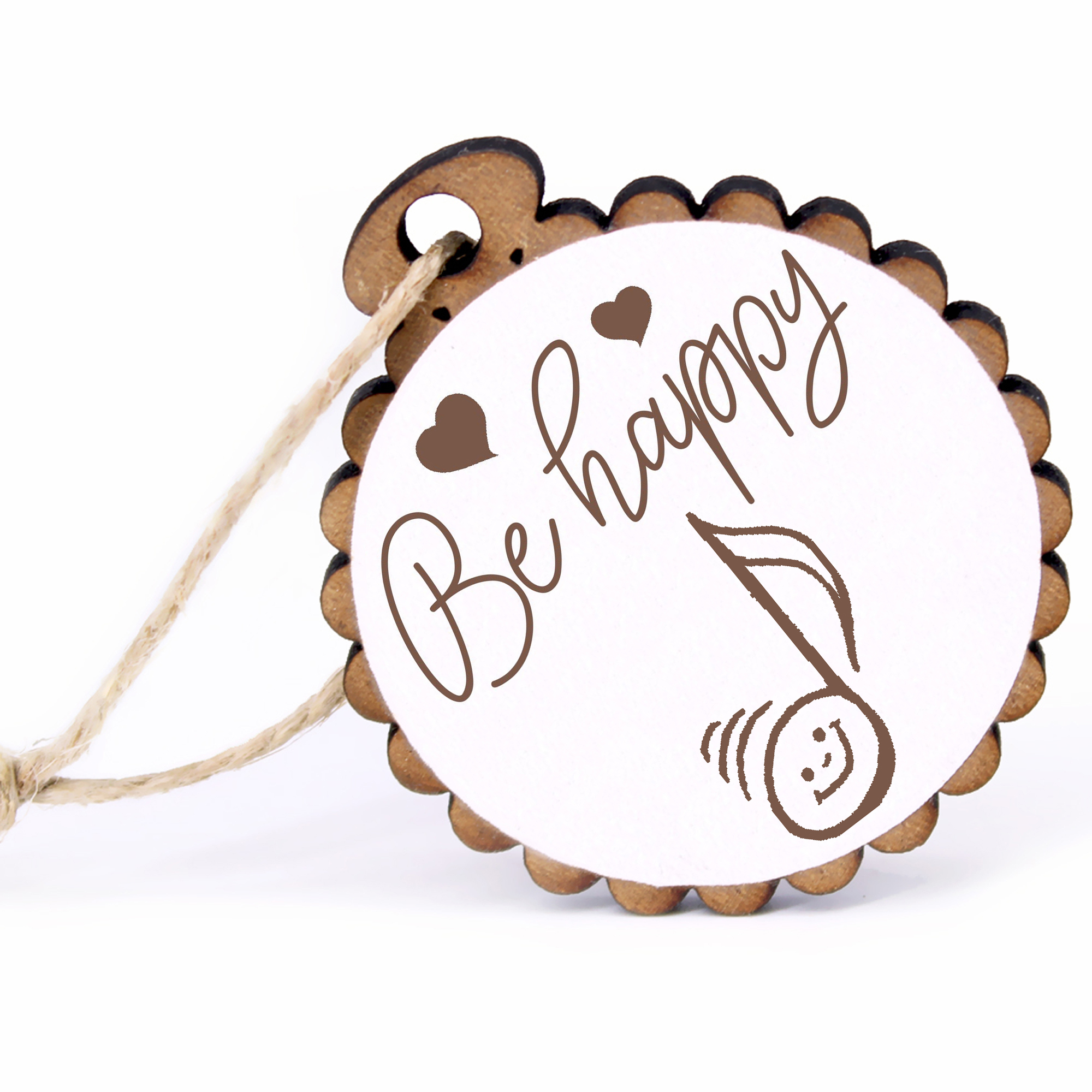 Geschenkanhänger - Be Happy Note -  Holz Ø-5cm - mit Juteband