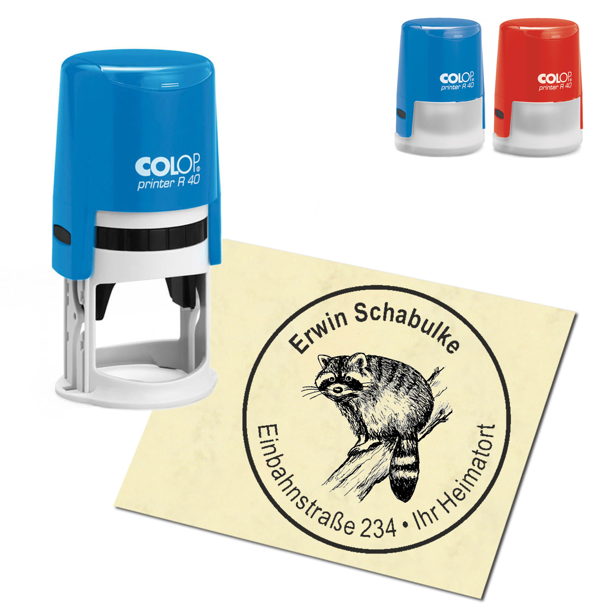 Stempel Adressstempel personalisiert - Waschbär auf Ast - rund &empty; 40mm