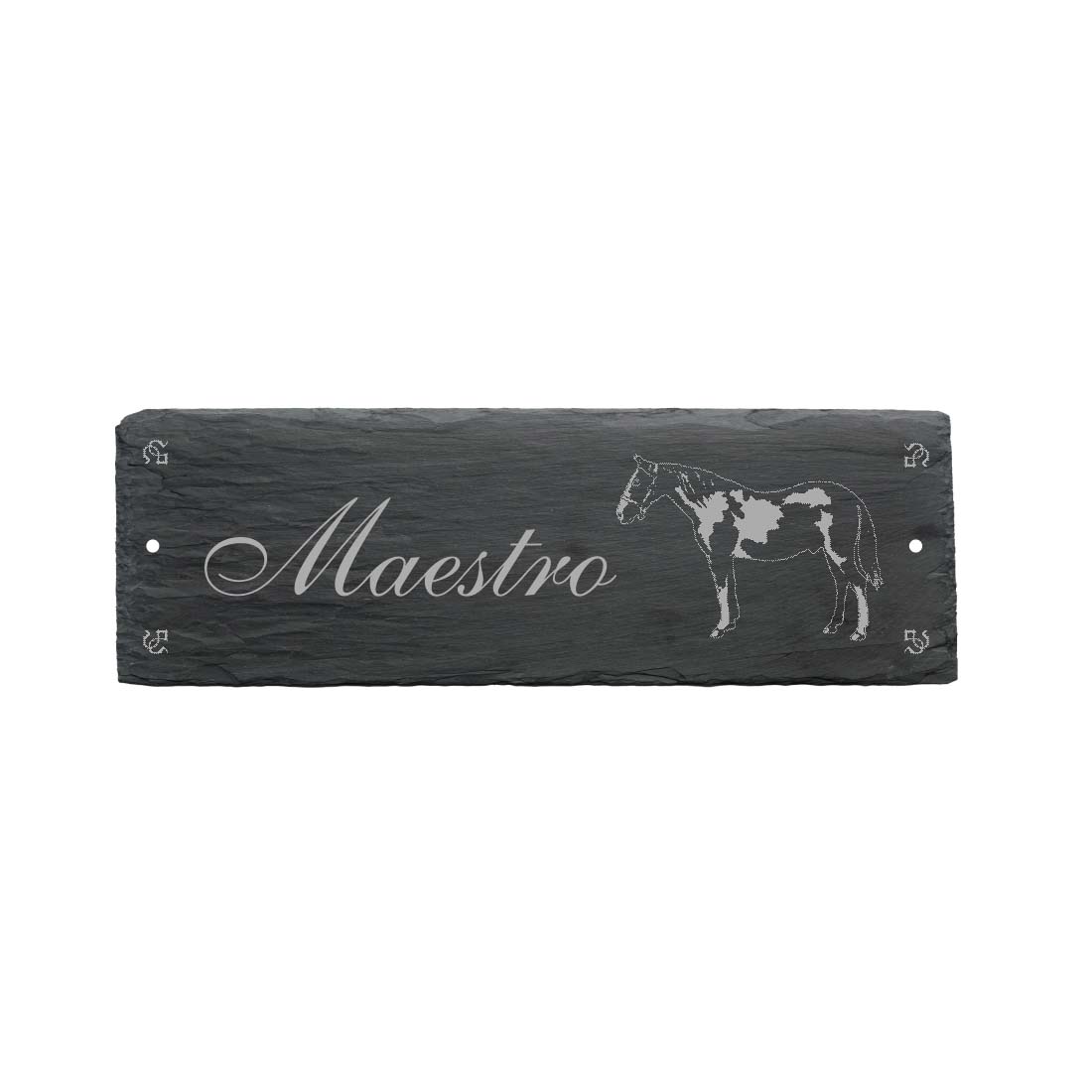 Pferdebox Schild « SCHECKE + NAME » ca. 22 x 8 cm - aus Schiefer