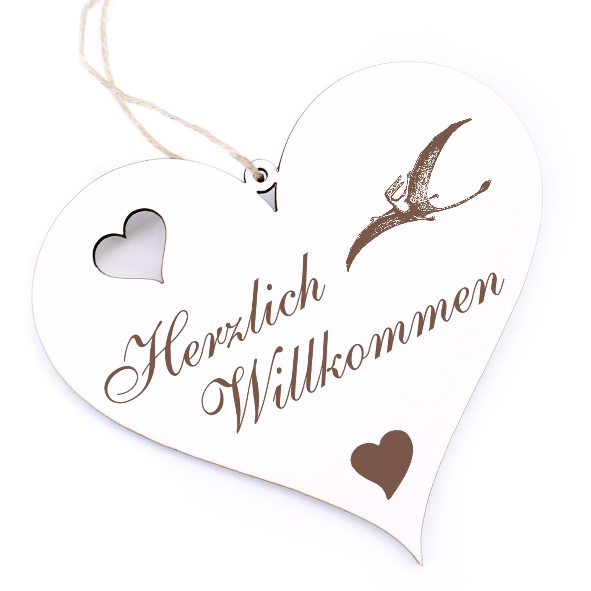 Herzlich Willkommen Schild - Dinosaurier Flugsaurier - Deko Herz Holz