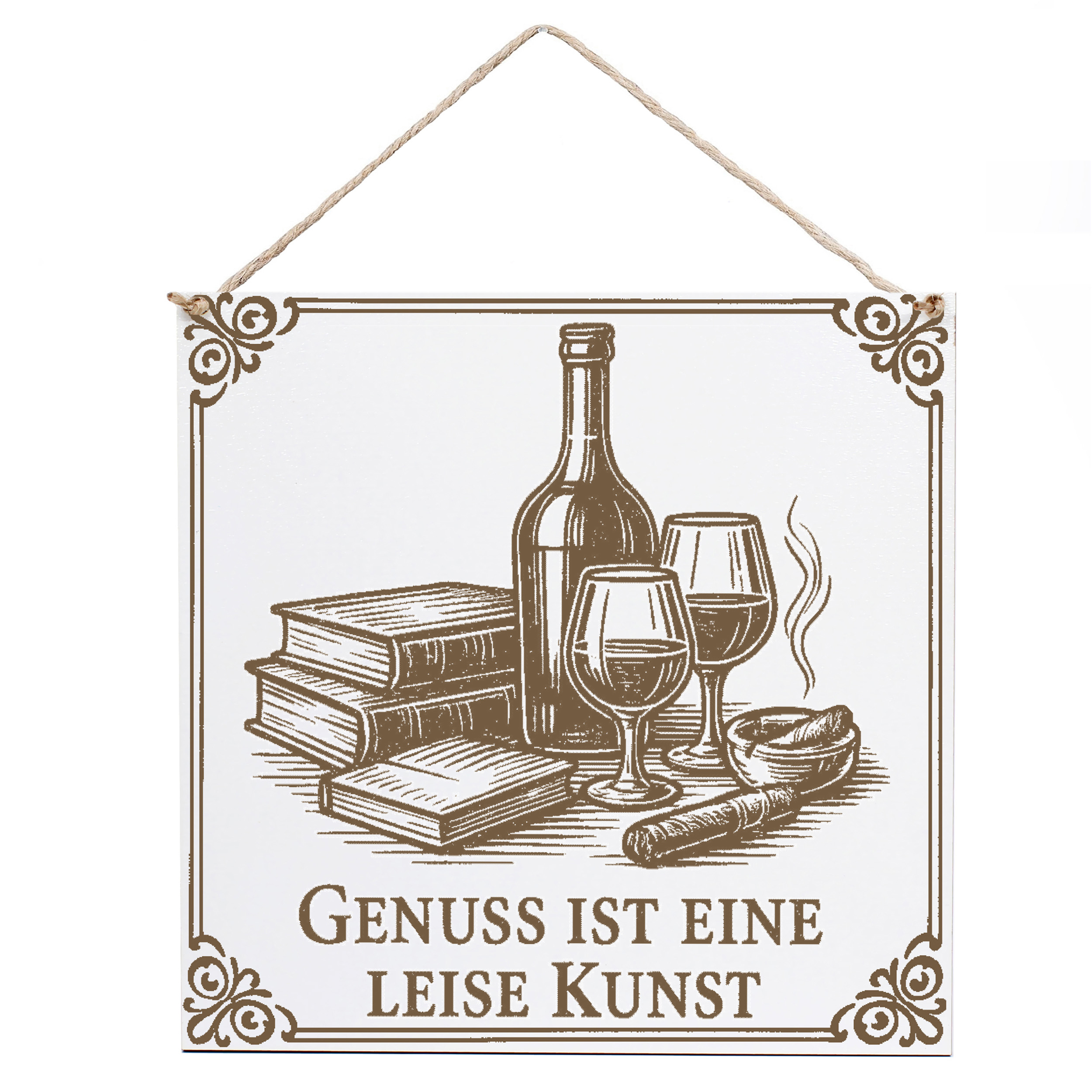 Dekoschild Genuss ist eine Leise Kunst 15×15 cm aus weißem HDF – Graviertes Spruchschild