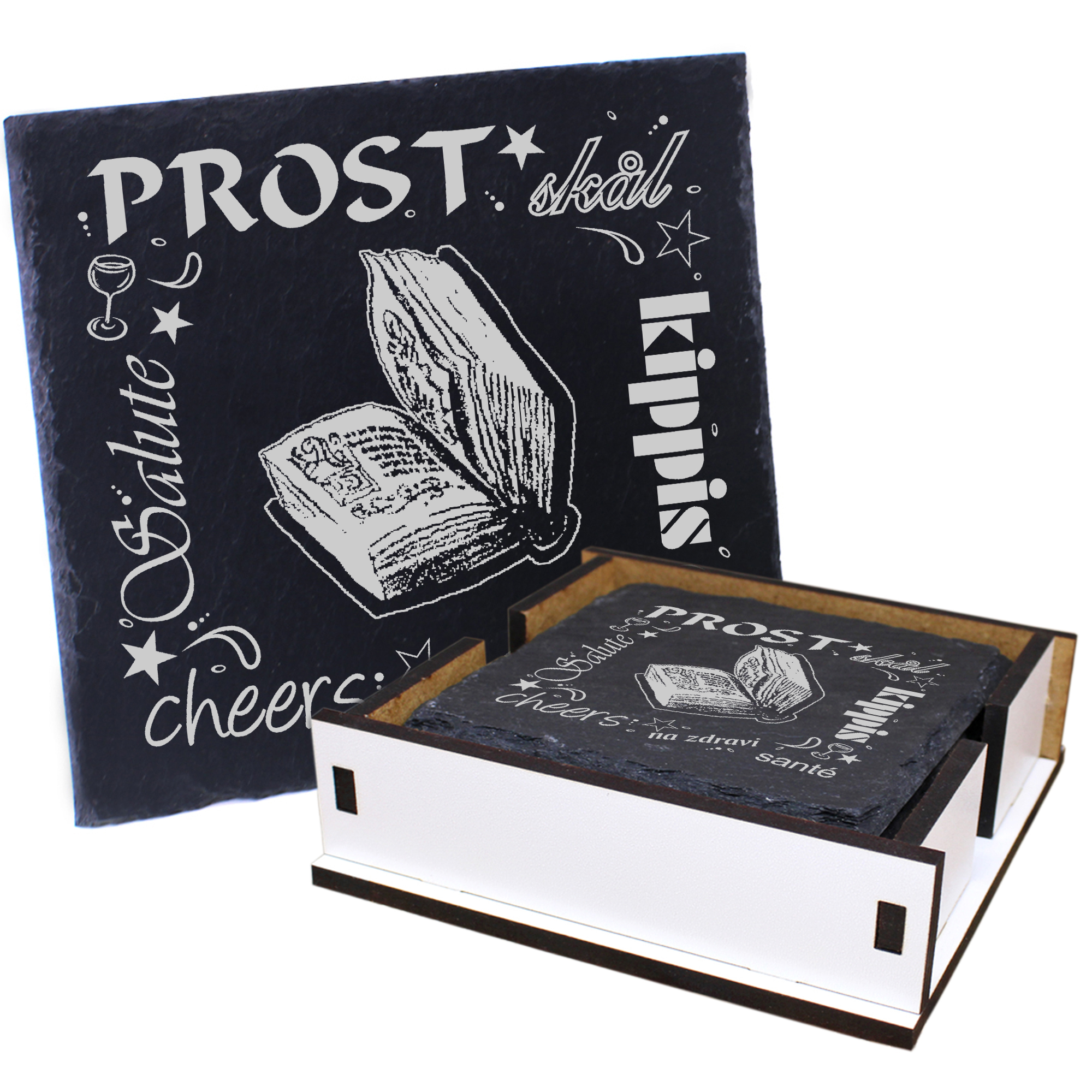 5 x Schiefer Untersetzer - Prost Buch - inkl. Holzbox & Flaschenuntersetzer