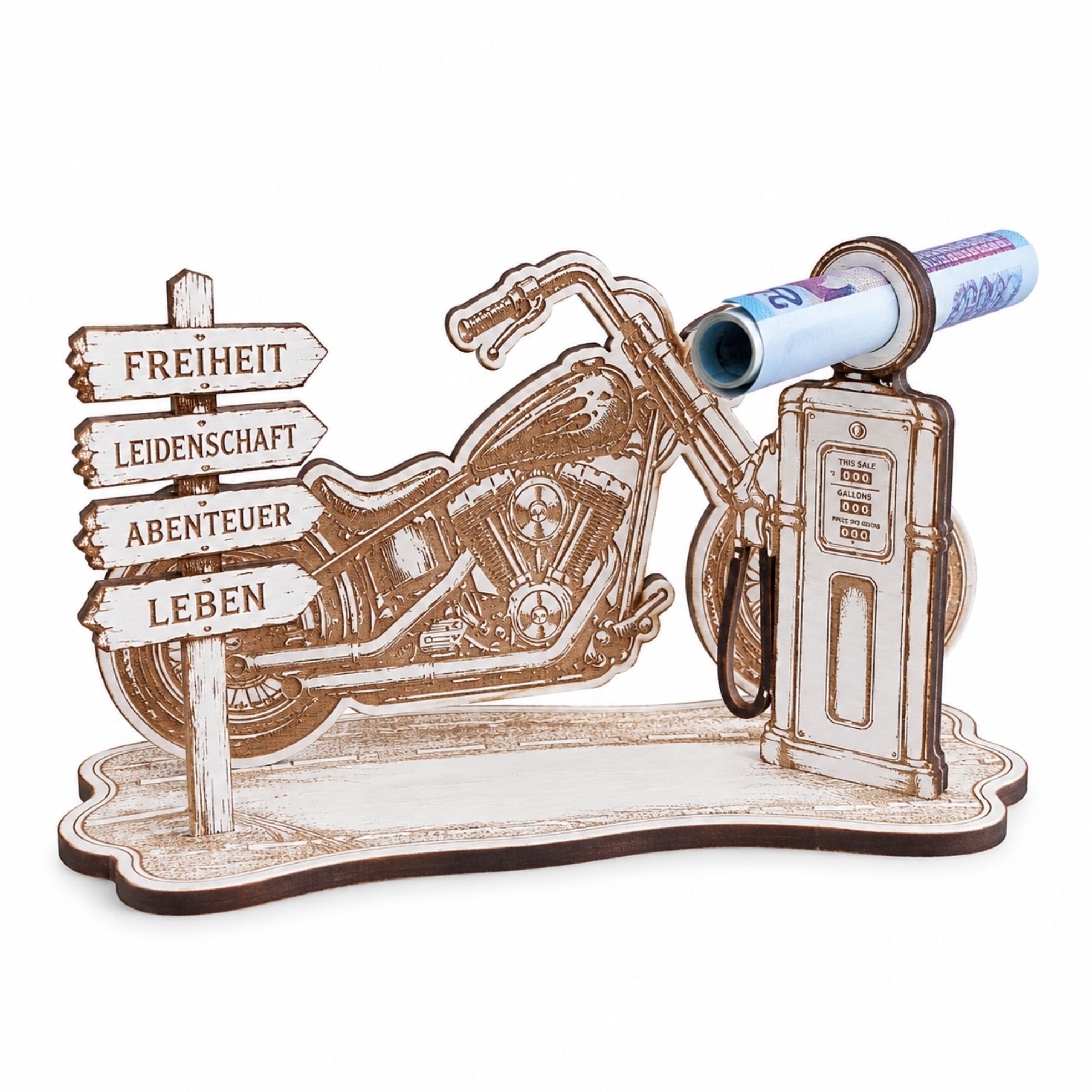 Geldgeschenk Motorrad Biker - mit Tankstelle und Wegweiser 15 x 7,5 cm