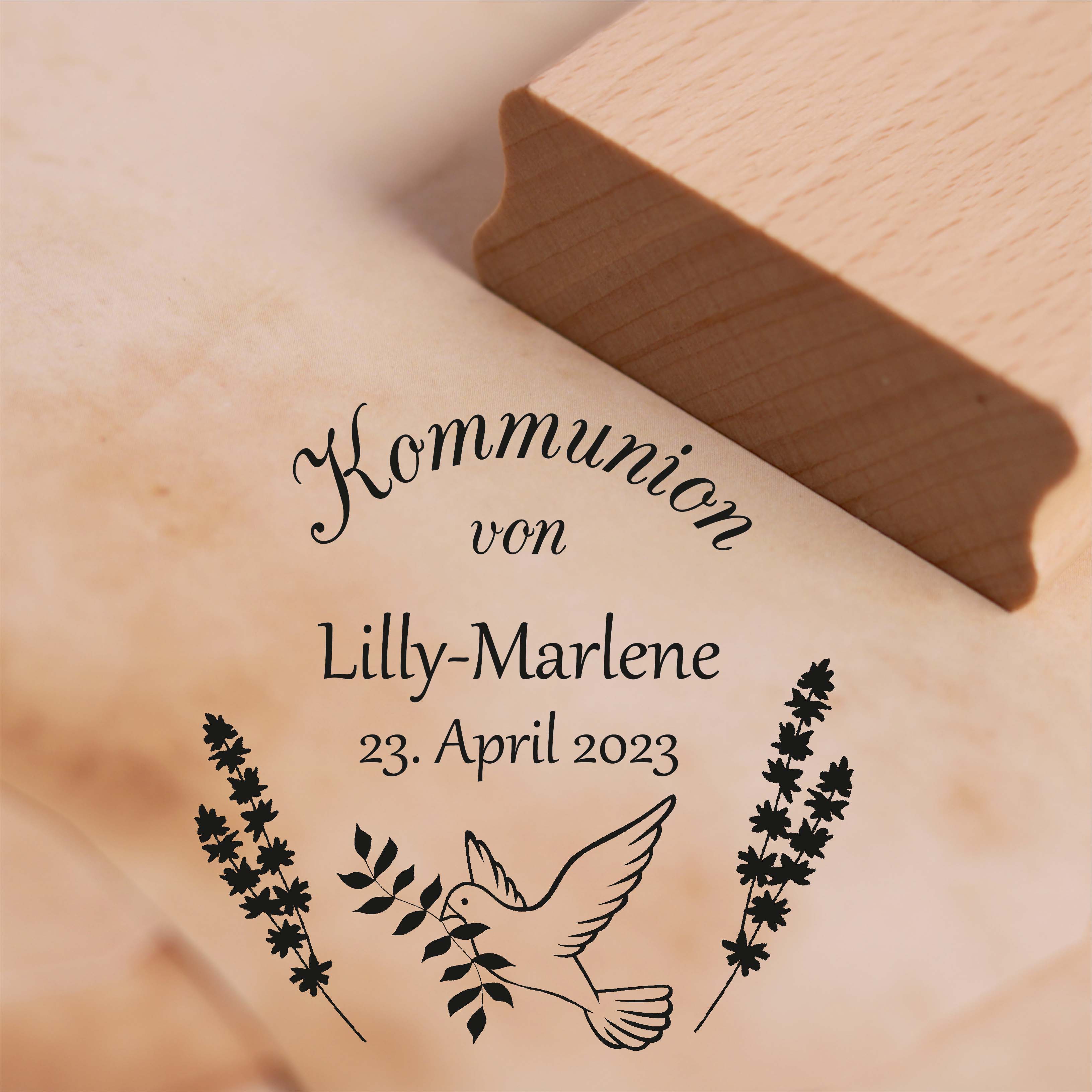 Stempel Kommunion von - mit Name und Datum - Motiv Taube Motivstempel 38 x 38 mm
