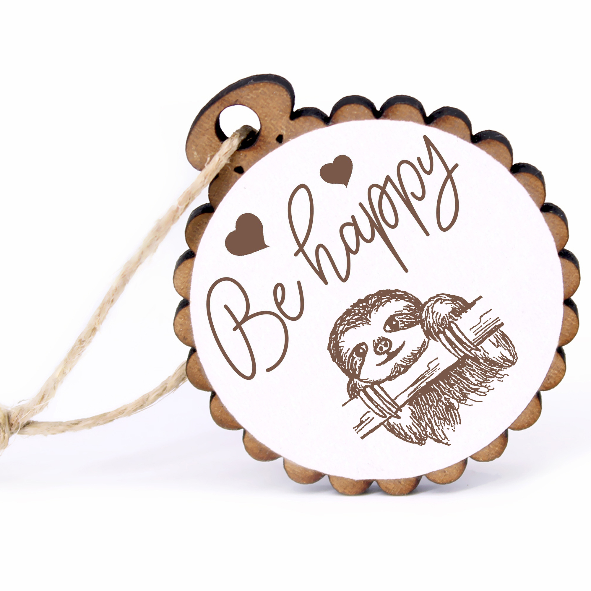 Geschenkanhänger - Be Happy Faultier Kopf -  Holz Ø-5cm - mit Juteband
