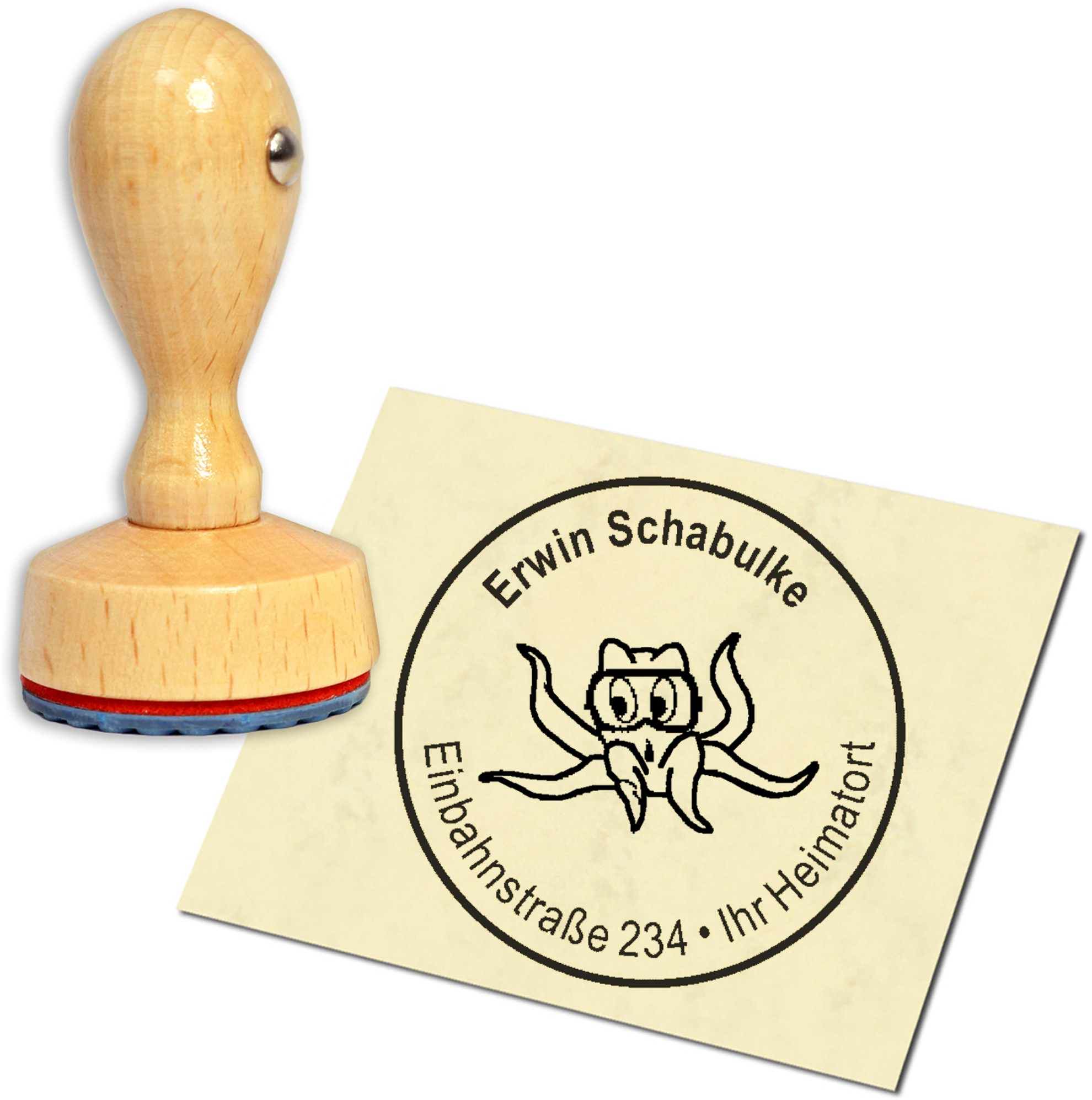 Stempel Adressstempel Holzstempel - Tintenfisch mit Taucherbrille - rund 40mm